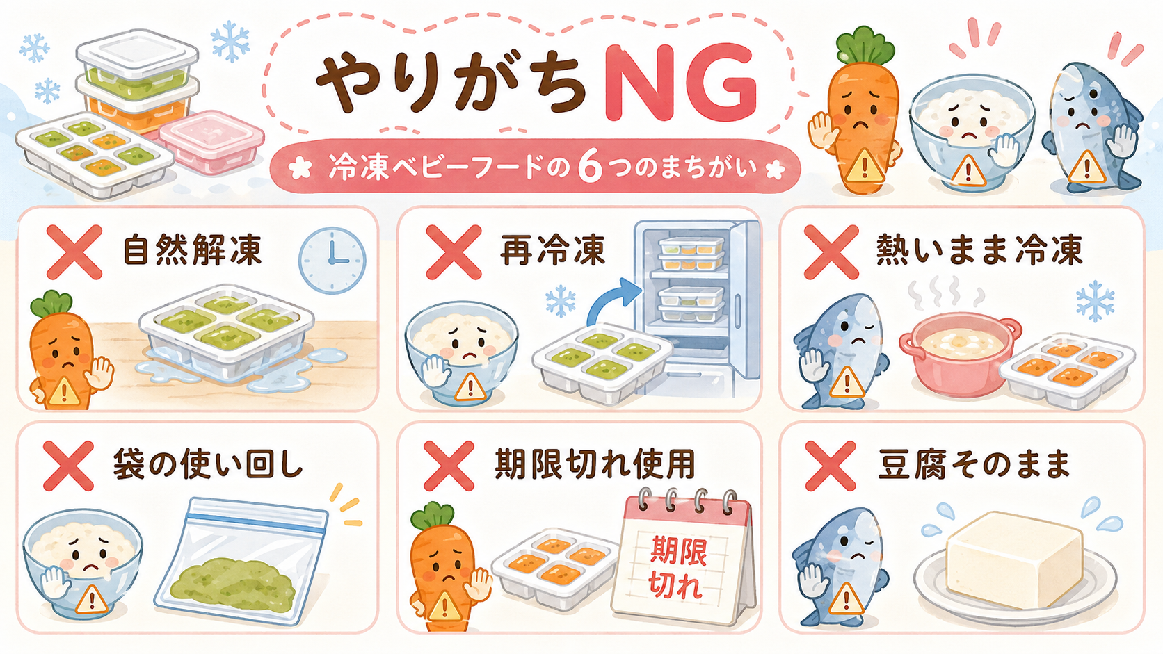離乳食冷凍ストックのやりがちngを示す○×衛生パネル。「自然解凍」「再冷凍」「熱いまま冷凍」「袋の使い回し」「期限切れ使用」「豆腐そのまま」の6項目を赤いバツ印...