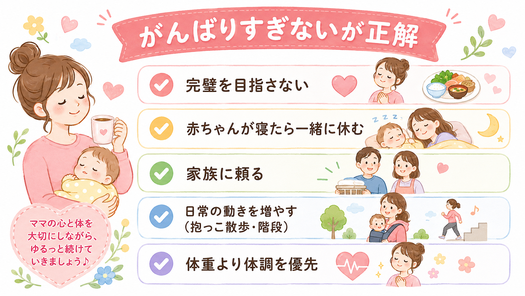 産後ダイエットを無理なく続けるコツのチェックリスト図。「完璧を目指さない」「赤ちゃんが寝たら一緒に休む」「家族に頼る」「日常の動きを増やす（抱っこ散歩・階段）」...