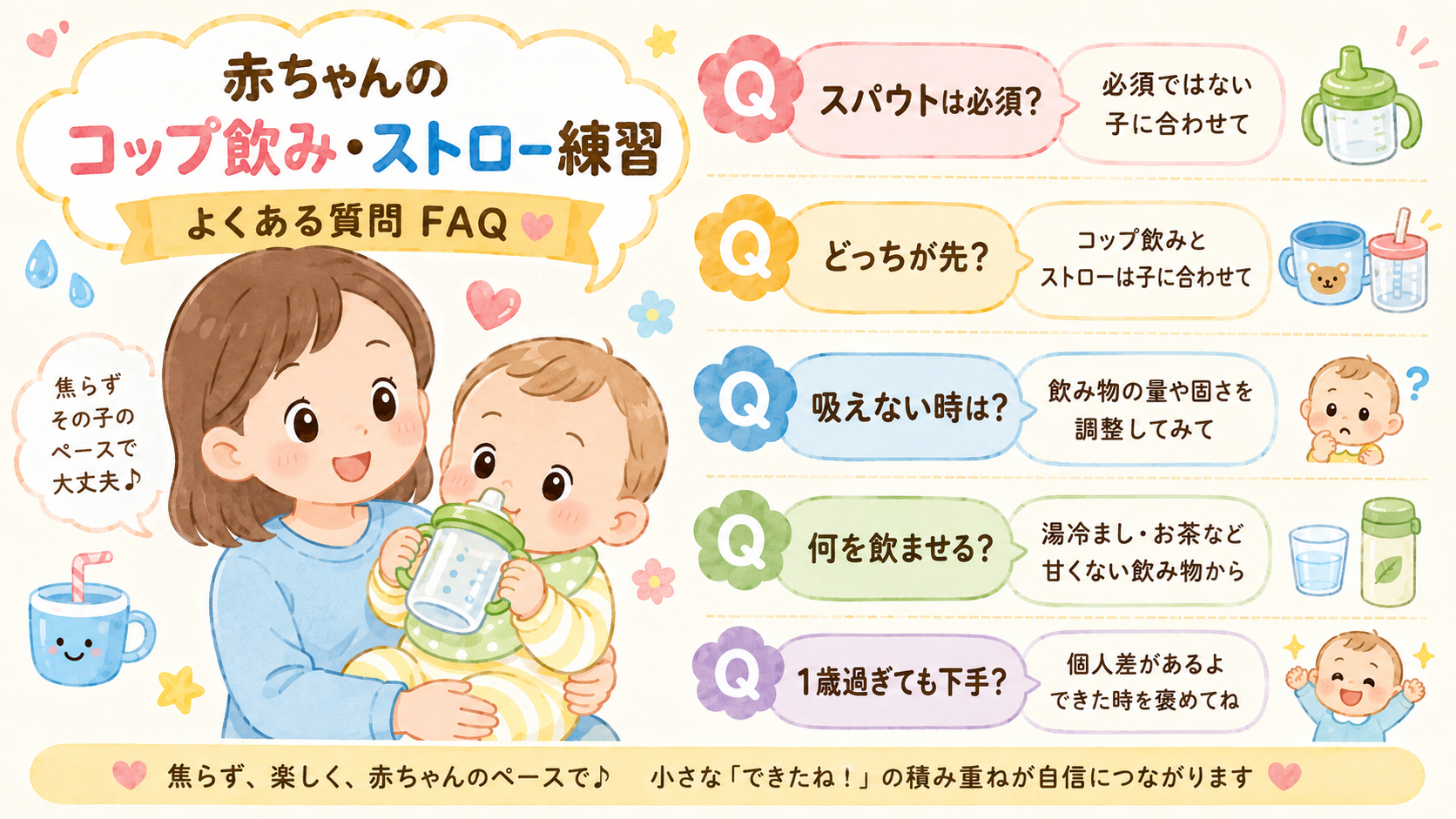 コップ飲み・ストロー練習のfaqを吹き出し形式でまとめた図。5つのq&a吹き出しを縦に配置し、各吹き出しに短い質問ラベル「スパウトは必須?」「どっちが先?」「吸...