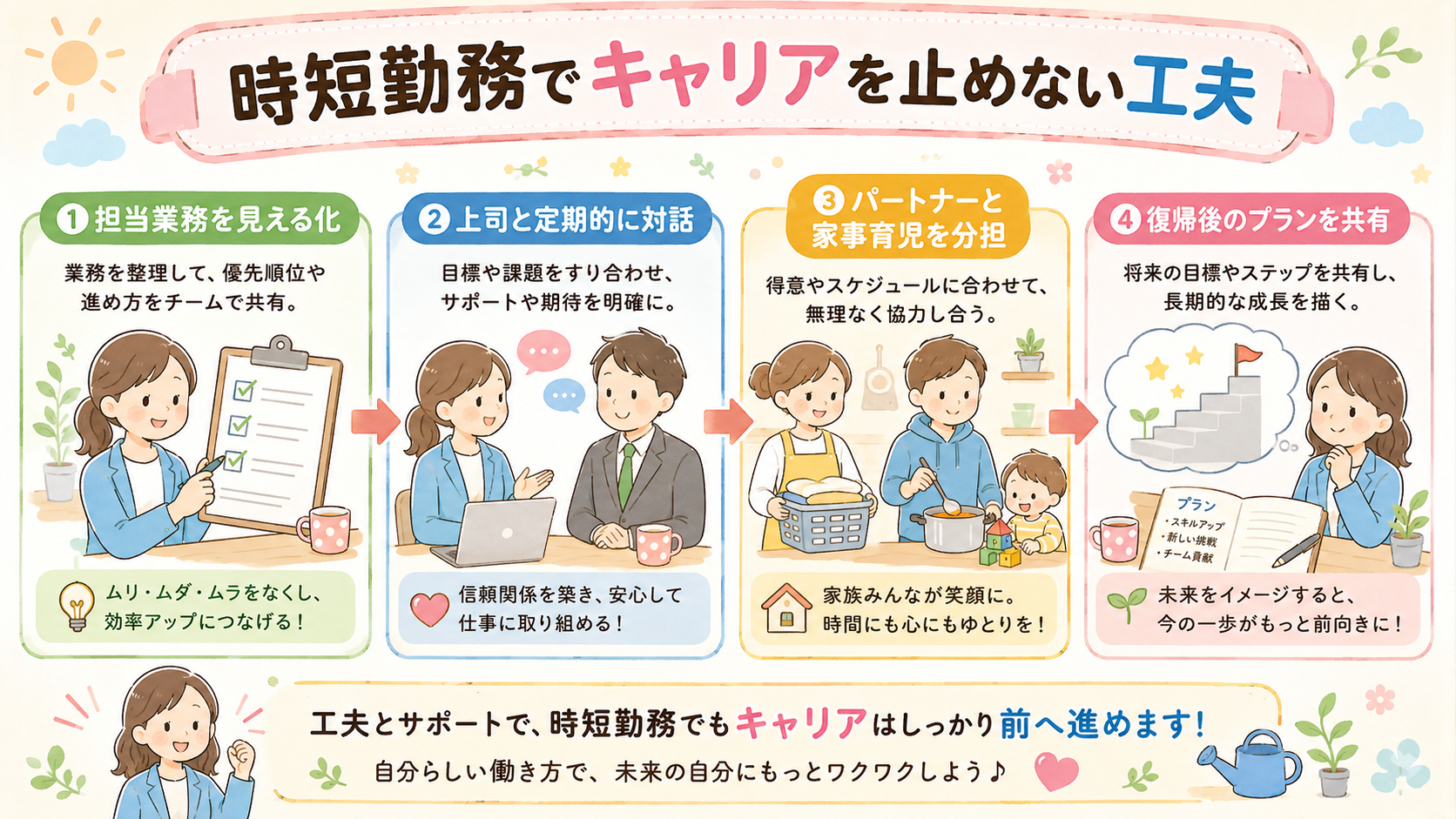 時短勤務でキャリアを止めないための工夫を示す4ステップのフロー図。「①担当業務を見える化」→「②上司と定期的に対話」→「③パートナーと家事育児を分担」→「④復帰...
