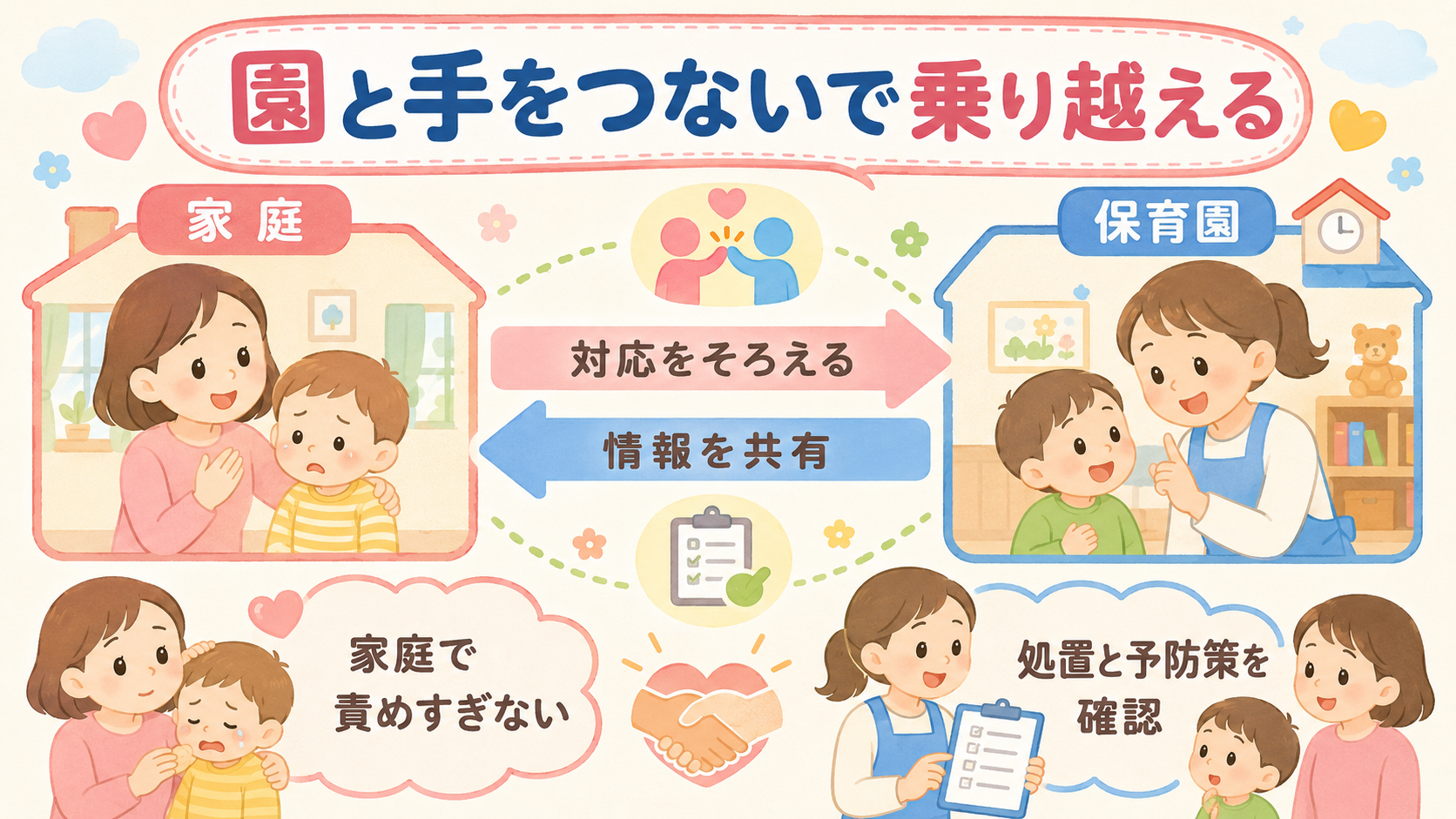 家庭と保育園が連携してかみつきに対応する様子を示す図。左に「家庭」、右に「保育園」のイラストを置き、中央を両向き矢印でつなぐ。矢印の上に「対応をそろえる」「情報...