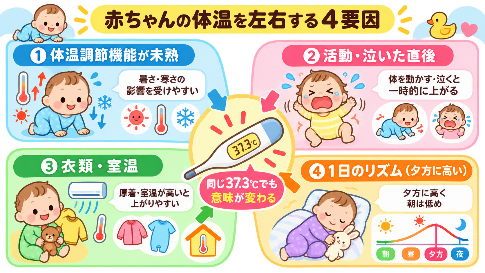 赤ちゃんの体温を左右する4要因を中央の体温計イラストから放射状に配置した図解。「①体温調節機能が未熟」「②活動・泣いた直後」「③衣類・室温」「④1日のリズム（夕...