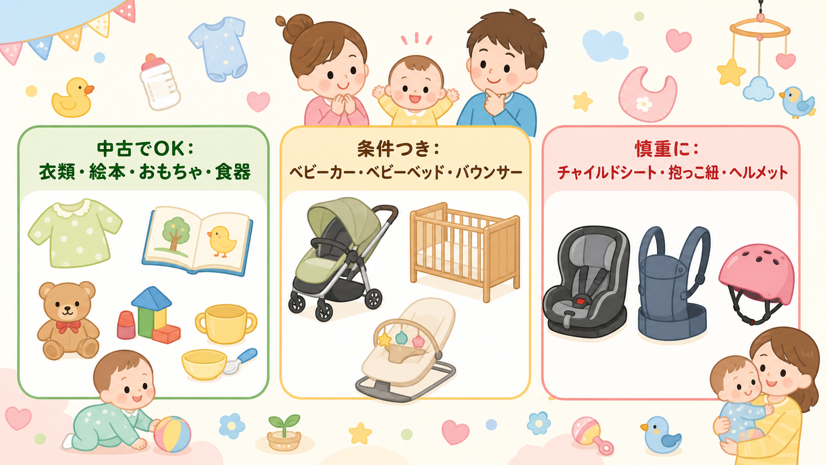 ベビー用品を3つのグループに分けて示した図解。緑「中古でok：衣類・絵本・おもちゃ・食器」、黄「条件つき：ベビーカー・ベビーベッド・バウンサー」、赤「慎重に：チ...
