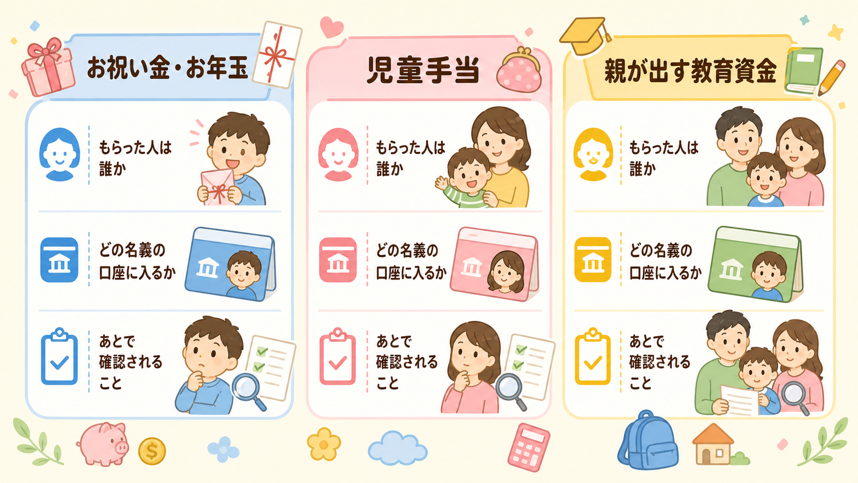 子ども関連のお金の置き場所を3列で整理した比較図解。「お祝い金・お年玉」「児童手当」「親が出す教育資金」の3カード、各カードに「もらった人は誰か」「どの名義の口...