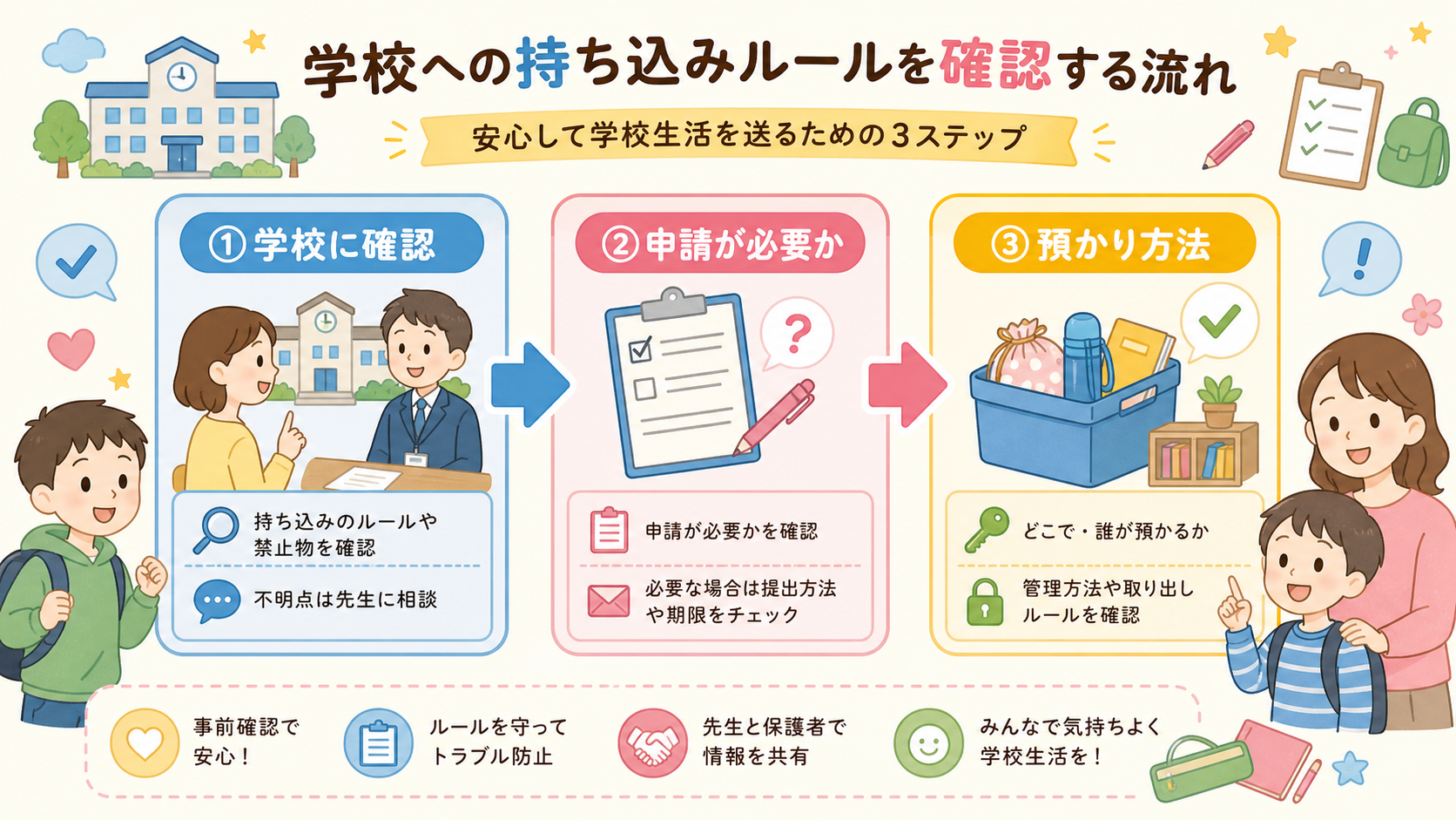 学校への持ち込みルールを確認する流れを3ステップの矢印フローで示した図解。「①学校に確認」「②申請が必要か」「③預かり方法」のラベルを順に並べ、学校の建物と書類...