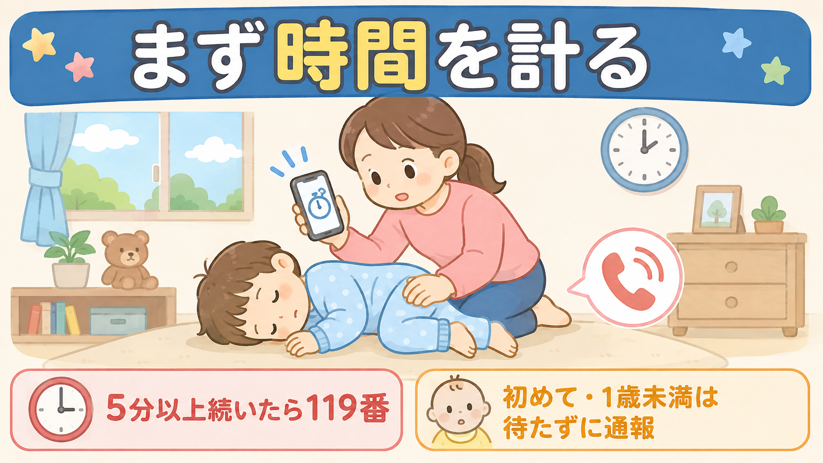 発熱中の子どものけいれんに気づいた保護者が、スマートフォンで時刻を確認しながら子どもを横向きに寝かせている場面のイラスト。画面上部に大きく「まず時間を計る」、下...