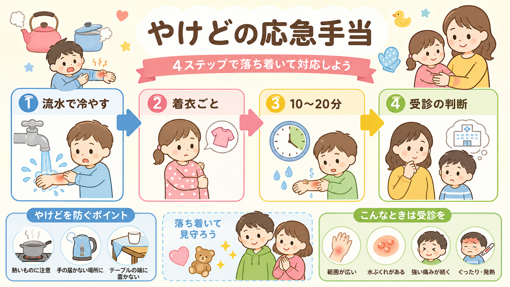 やけどの応急手当を4ステップの矢印フローで示した図解。「①流水で冷やす」「②着衣ごと」「③10〜20分」「④受診の判断」のラベルを順に並べ、蛇口と流水、腕を冷や...