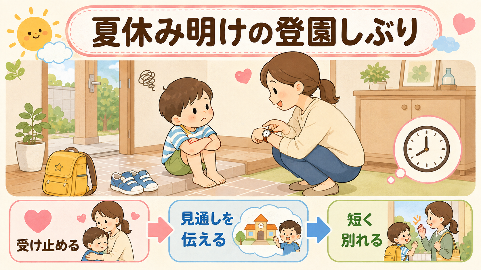 夏休み明けの朝、玄関のたたきで靴を履かずに座り込む子どもと、腕時計を気にしながらしゃがんで目線を合わせる保護者を描いた横長の表紙イラスト。上部に「夏休み明けの登...