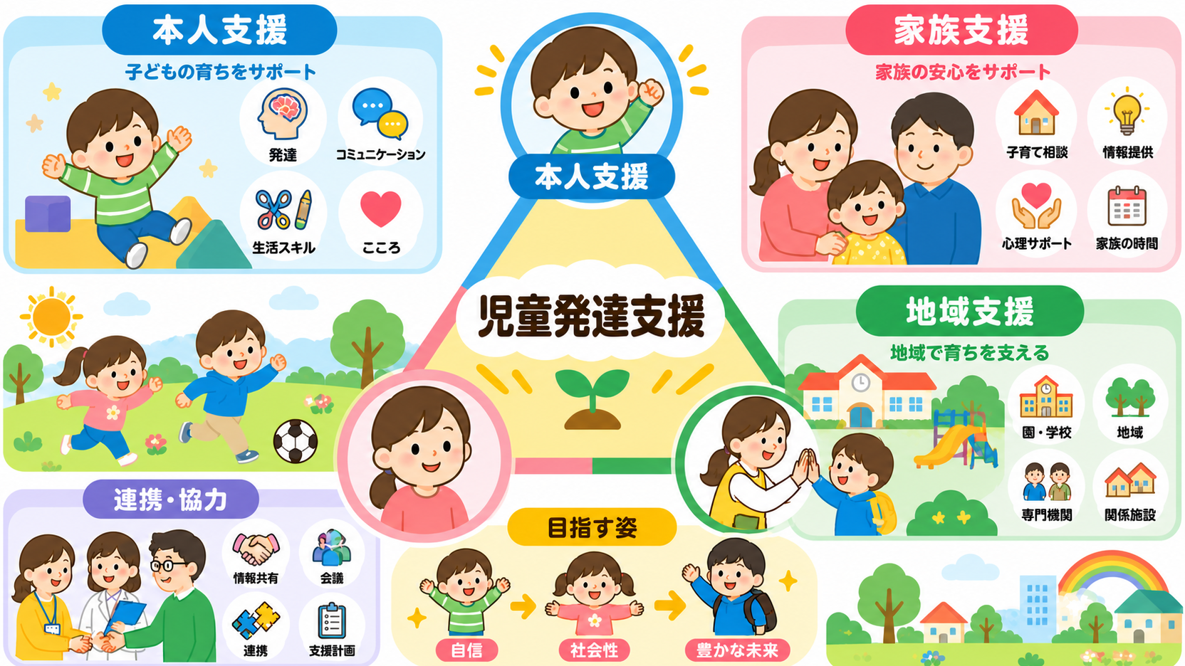 児童発達支援の3つの柱を三角形の図で示した図解。頂点に「本人支援」「家族支援」「地域支援」のラベルを置き、中央に「児童発達支援」の見出しを配置。子ども・家族・園...