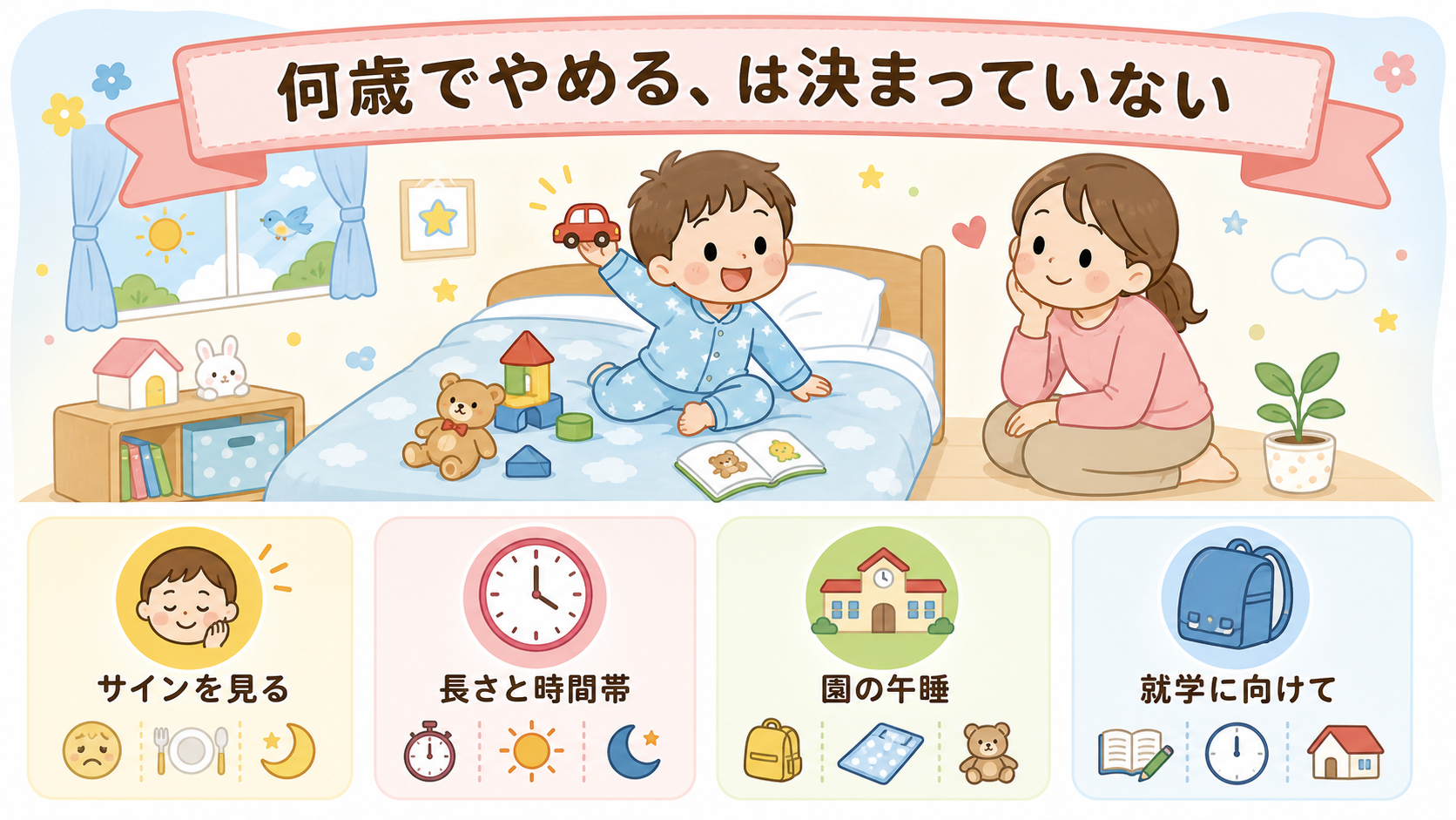 幼児の昼寝卒業をテーマにしたバナー付き縦長インフォグラフィック。上段に「何歳でやめる、は決まっていない」の帯、中央に布団の上で起き上がって遊び始めた4歳くらいの...