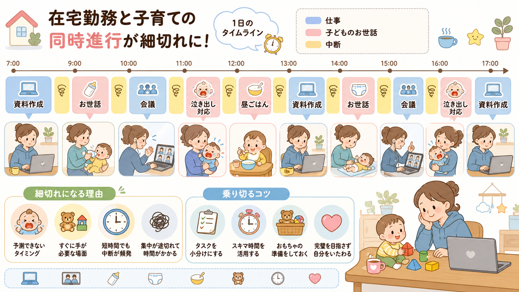 在宅勤務と子育ての同時進行が細切れになる様子の図解。1日のタイムラインに「会議」「資料作成」の仕事ブロックと「お世話」「泣き出し対応」「昼ごはん」の育児ブロック...