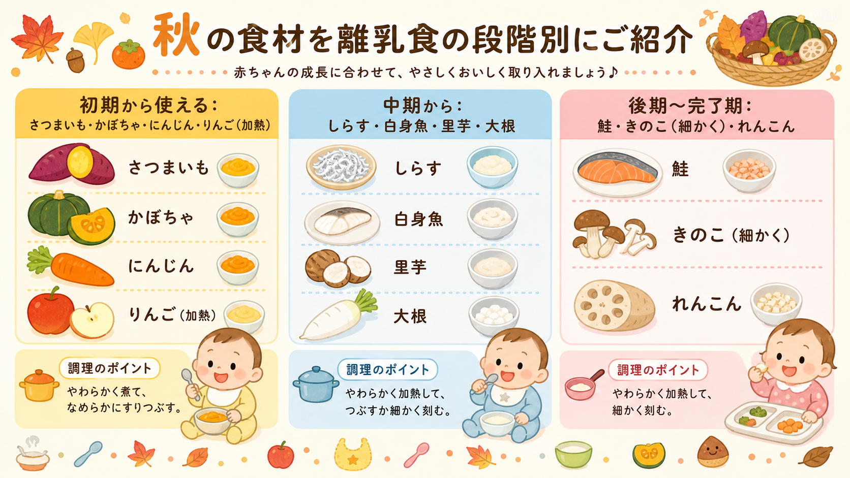 秋の食材を離乳食の段階別に3列で振り分けた表の図解。左列「初期から使える：さつまいも・かぼちゃ・にんじん・りんご（加熱）」中列「中期から：しらす・白身魚・里芋・...