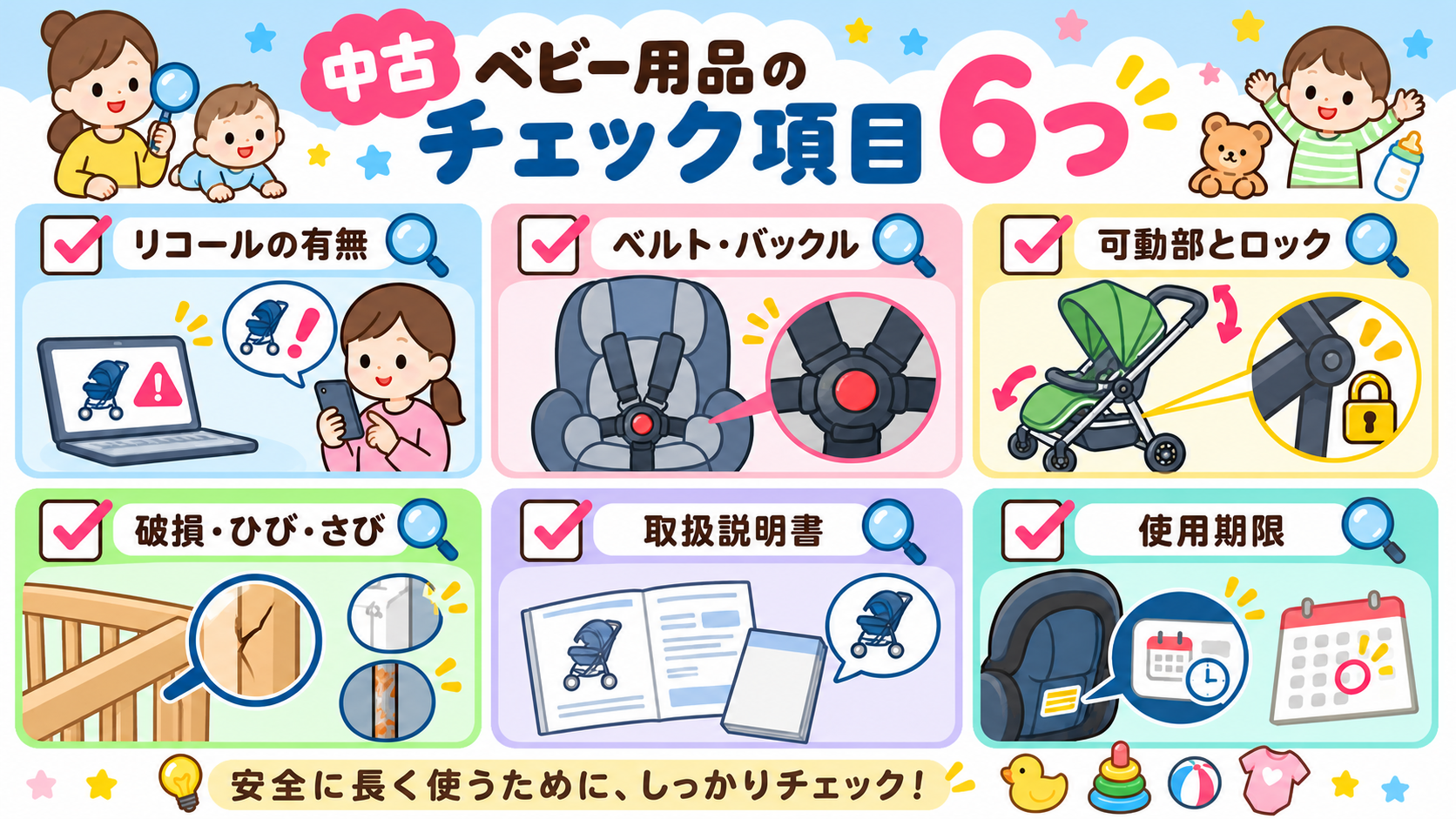 中古ベビー用品のチェック項目6つをチェックボックス付きリストで示した図解。「リコールの有無」「ベルト・バックル」「可動部とロック」「破損・ひび・さび」「取扱説明...