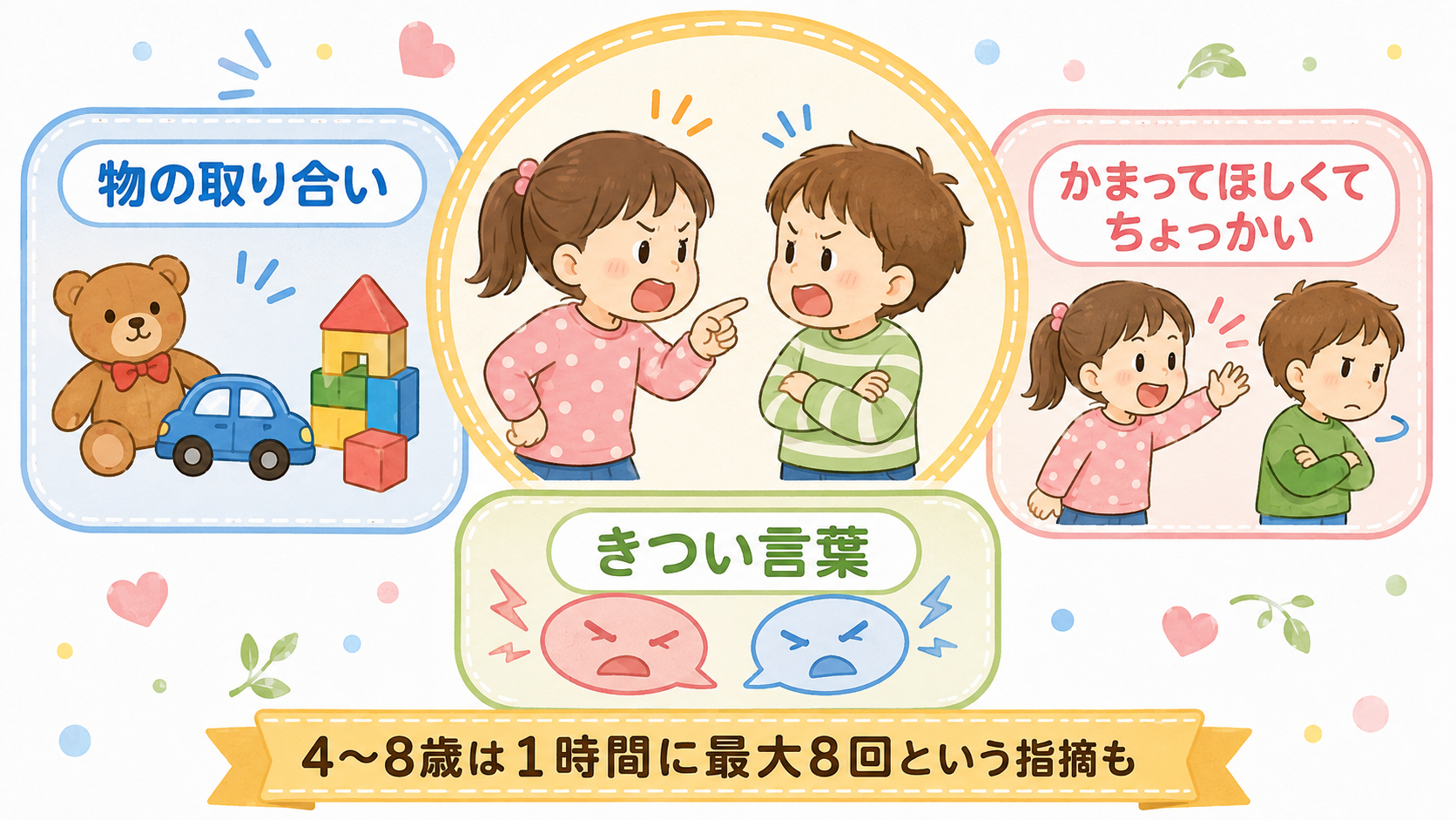 きょうだいげんかの3つの原因を示す円形の図解。中央に言い合う姉弟のイラストを置き、周囲に「物の取り合い」「かまってほしくてちょっかい」「きつい言葉」の3つのアイ...