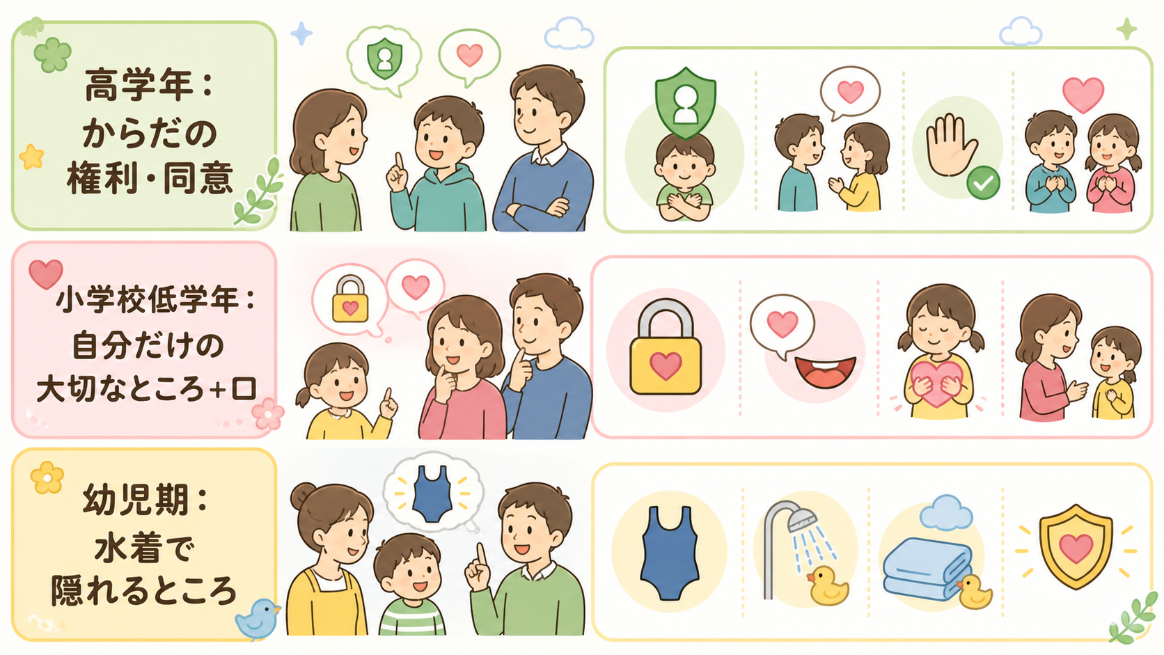プライベートゾーンの説明方法を年齢別に3段で示した図解。下段「幼児期：水着で隠れるところ」中段「小学校低学年：自分だけの大切なところ＋口」上段「高学年：からだの...