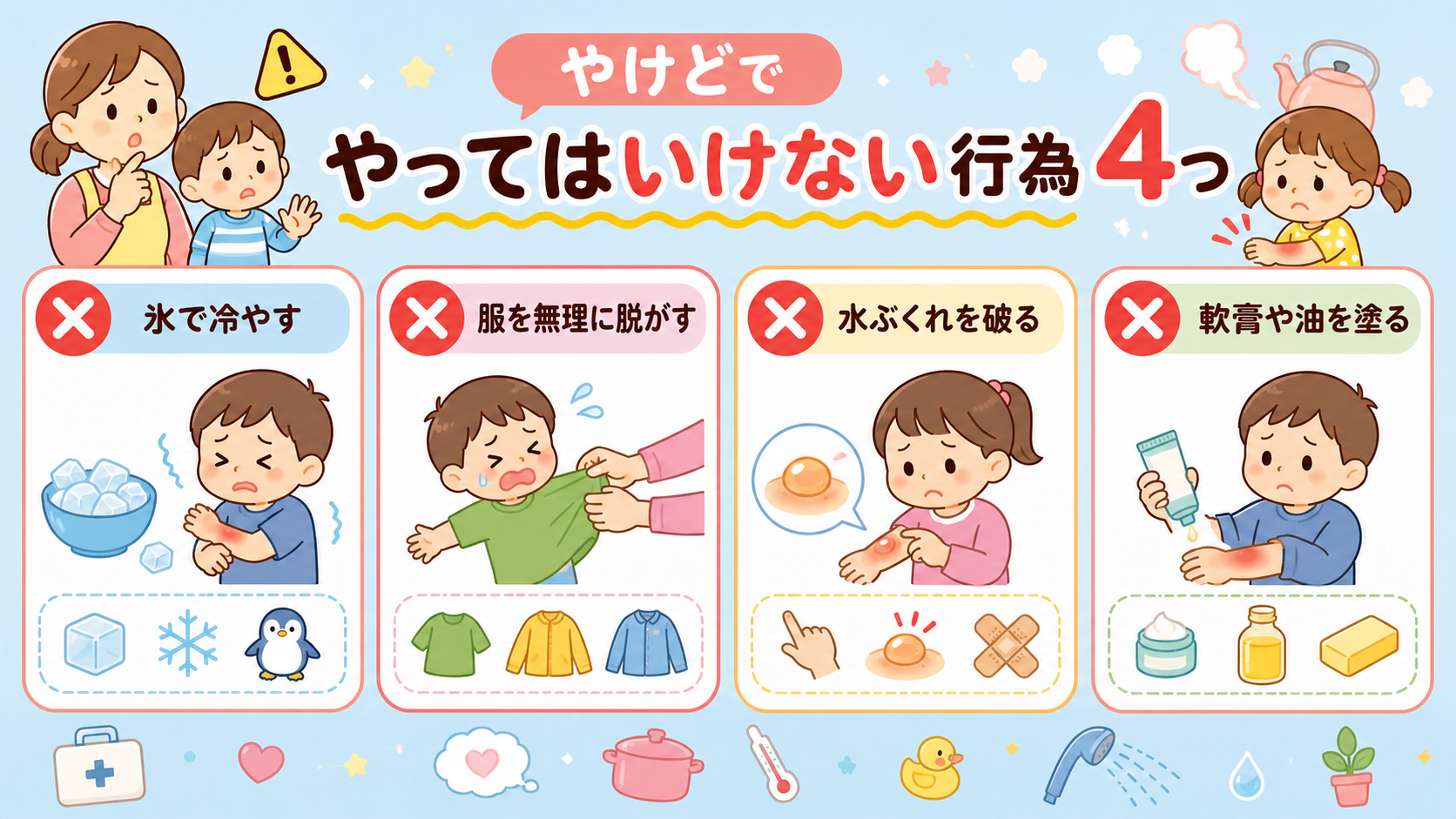 やけどでやってはいけない行為4つを、赤い禁止マーク付きのカード4枚で並べた図解。「氷で冷やす」「服を無理に脱がす」「水ぶくれを破る」「軟膏や油を塗る」のラベルを...