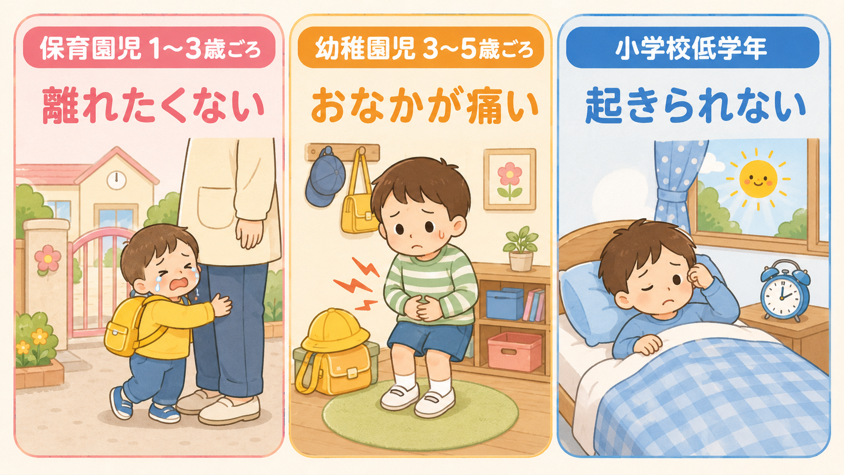 年齢別のしぶり方の違いを3列で並べた比較図。左列「保育園児 1〜3歳ごろ」に園の門の前で泣く子ども、中央列「幼稚園児...