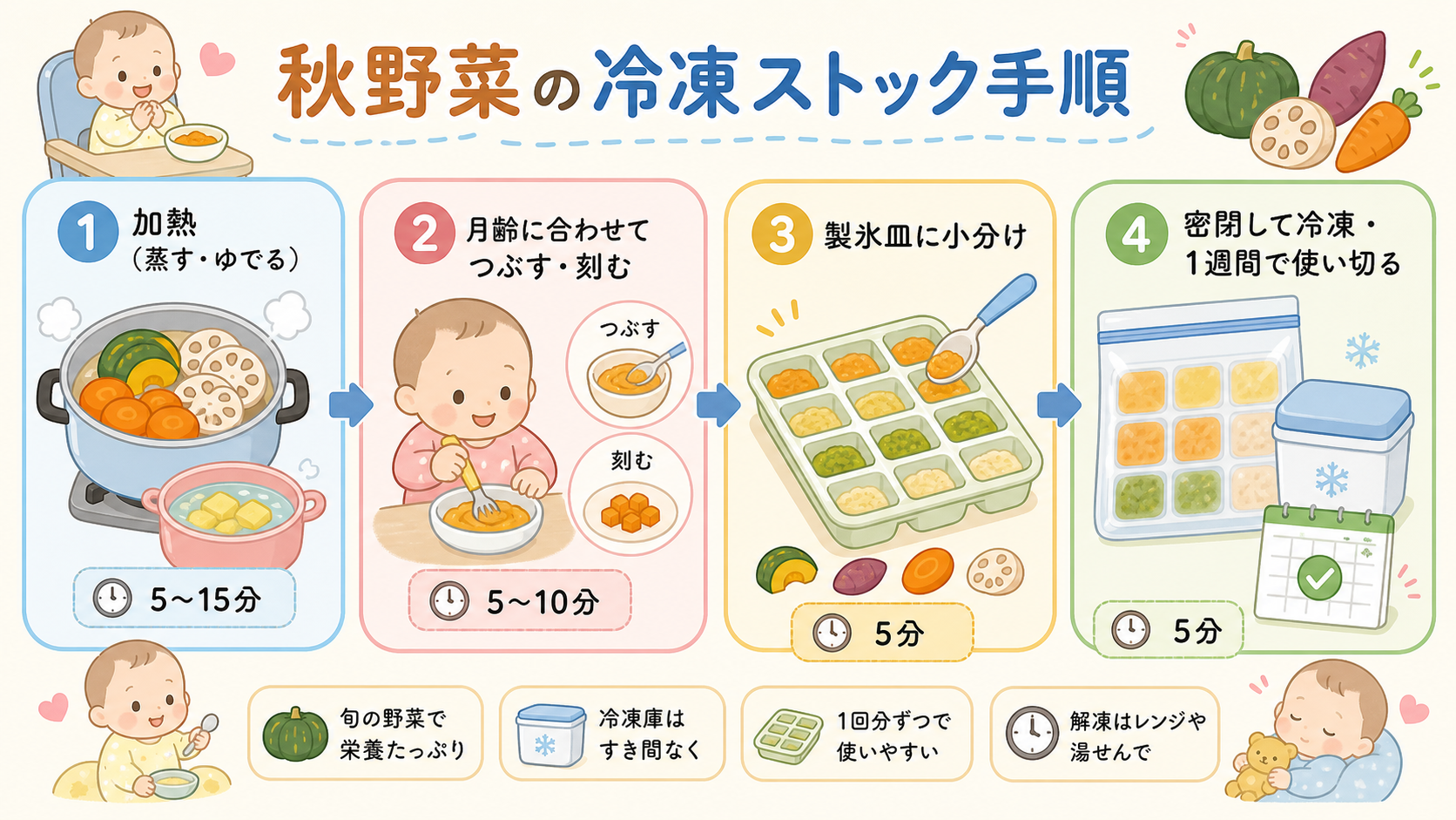 秋野菜の冷凍ストック手順を4ステップのフロー図解で示す。「①加熱（蒸す・ゆでる）」→「②月齢に合わせてつぶす・刻む」→「③製氷皿に小分け」→「④密閉して冷凍・1...