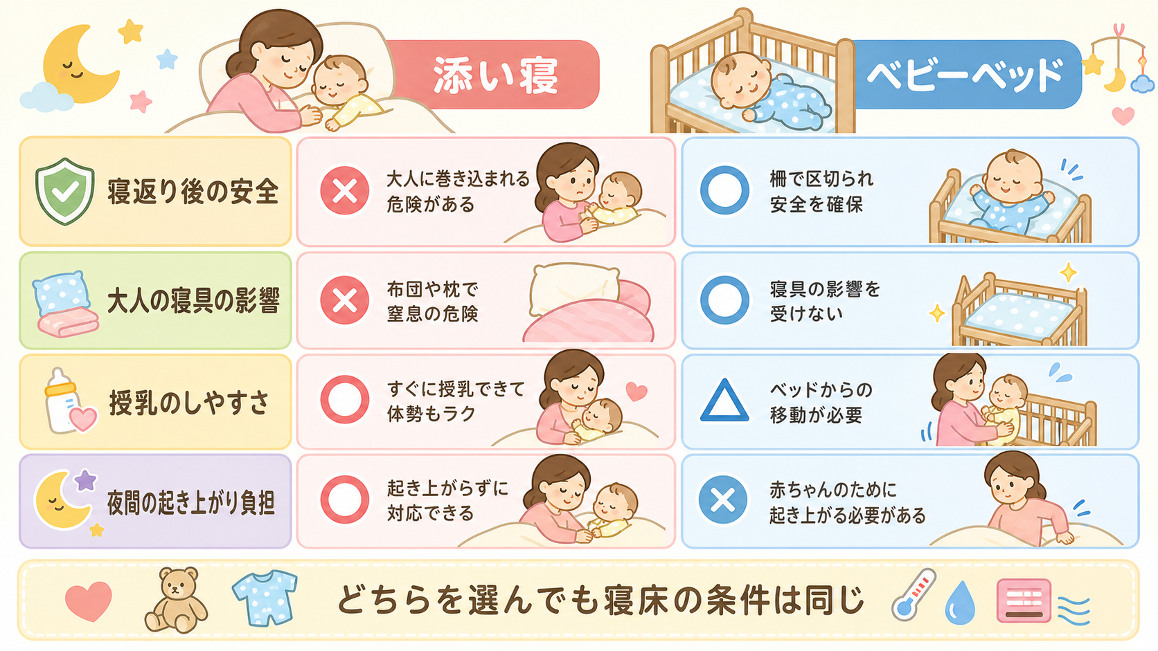 添い寝とベビーベッドを左右で比較した表の図解。「寝返り後の安全」「大人の寝具の影響」「授乳のしやすさ」「夜間の起き上がり負担」の4行で比較し、各セルに○△×と短...