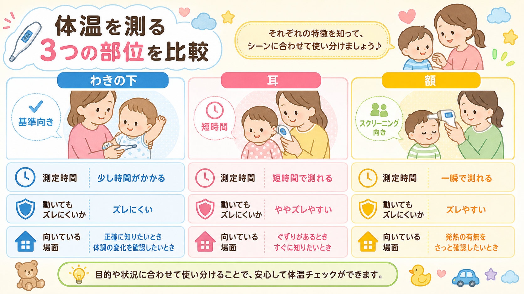体温を測る3つの部位（わきの下・耳・額）を左右に並べた比較表の図解。各列に「測定時間」「動いてもズレにくいか」「向いている場面」の3行ラベル。わきの下=基準向き...