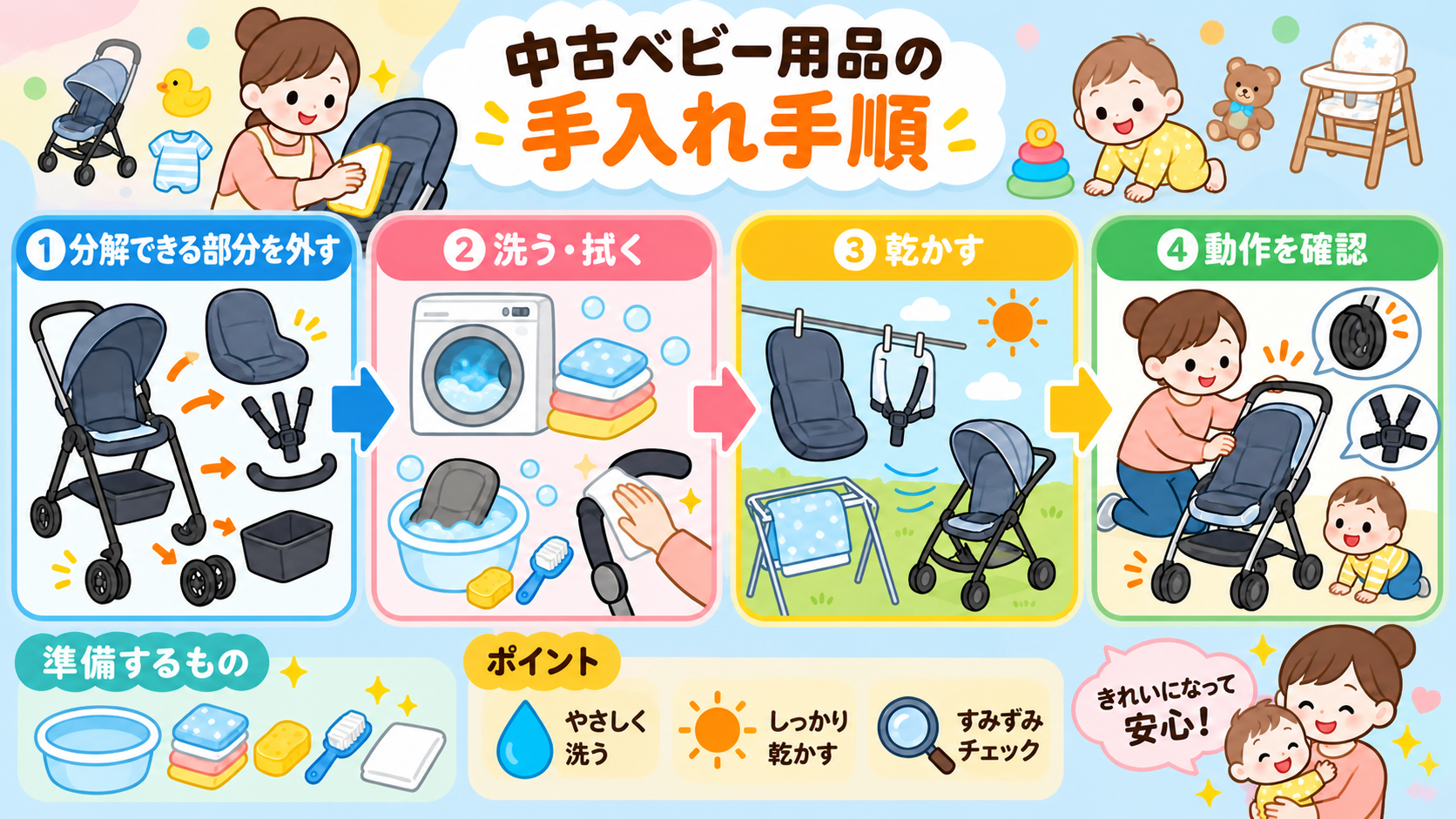中古ベビー用品の手入れ手順を4ステップの矢印フローで示した図解。「①分解できる部分を外す」「②洗う・拭く」「③乾かす」「④動作を確認」のラベルを順に並べ、洗濯と...