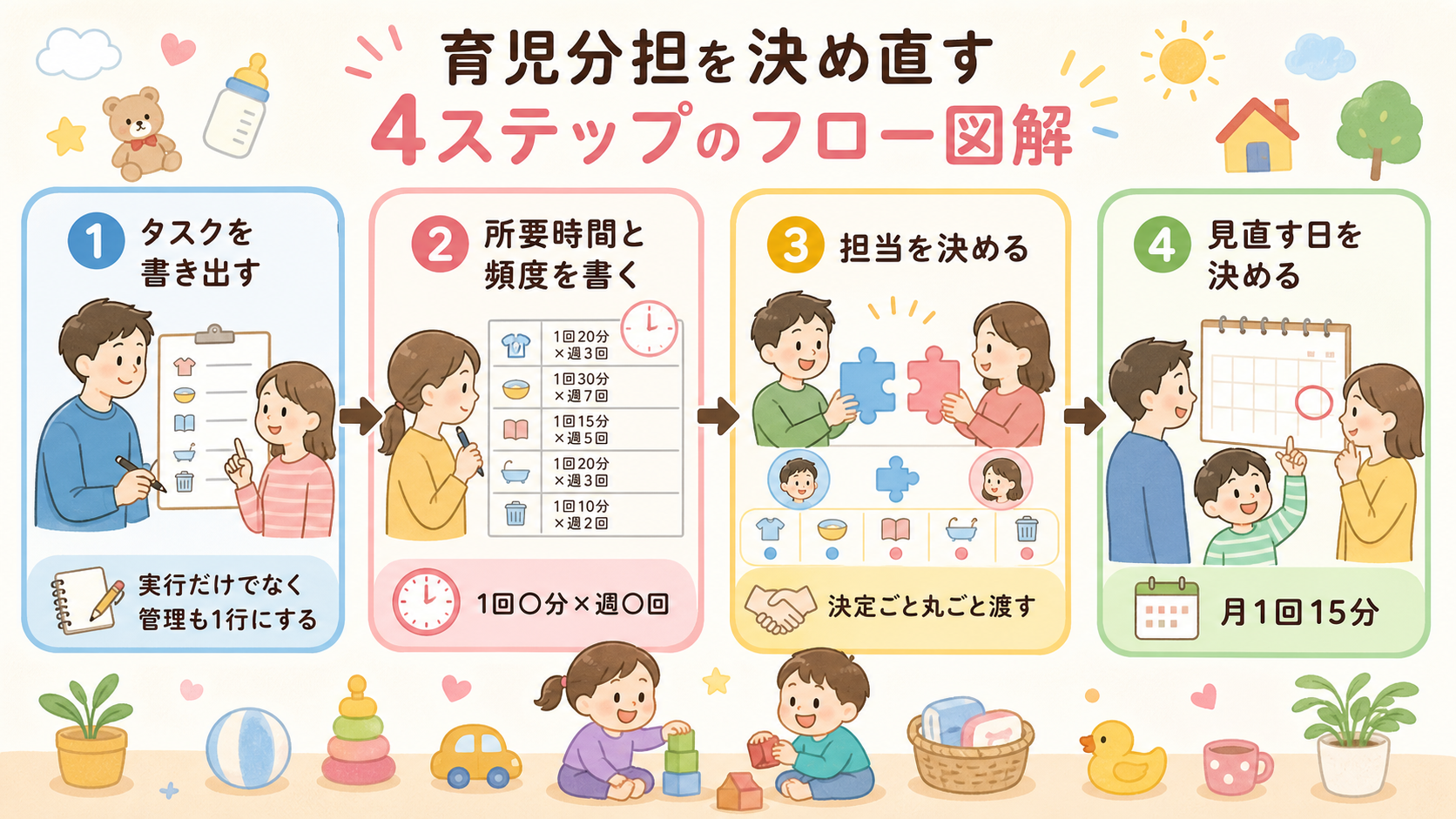 育児分担を決め直す4ステップのフロー図解。「①タスクを書き出す」→「②所要時間と頻度を書く」→「③担当を決める」→「④見直す日を決める」を矢印でつなぎ、各ステッ...
