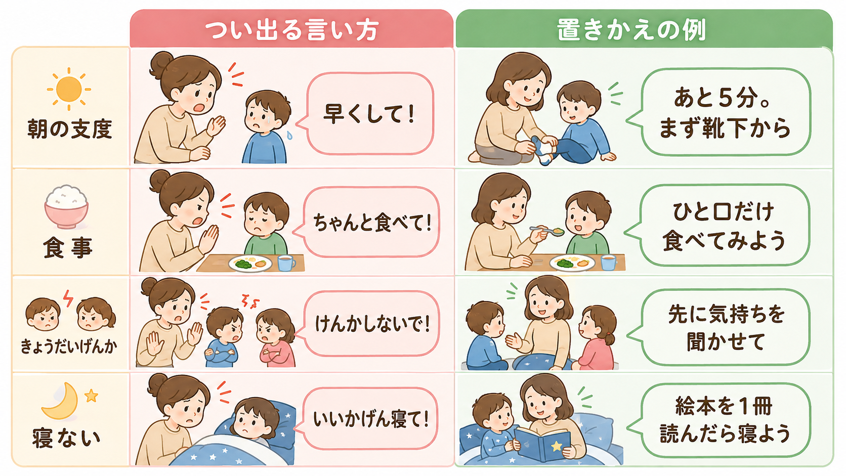 場面別の言い換えを左右で対比した横長の表形式イラスト。左列に「つい出る言い方」、右列に「置きかえの例」の日本語見出しを置き、「朝の支度」「食事」「きょうだいげん...