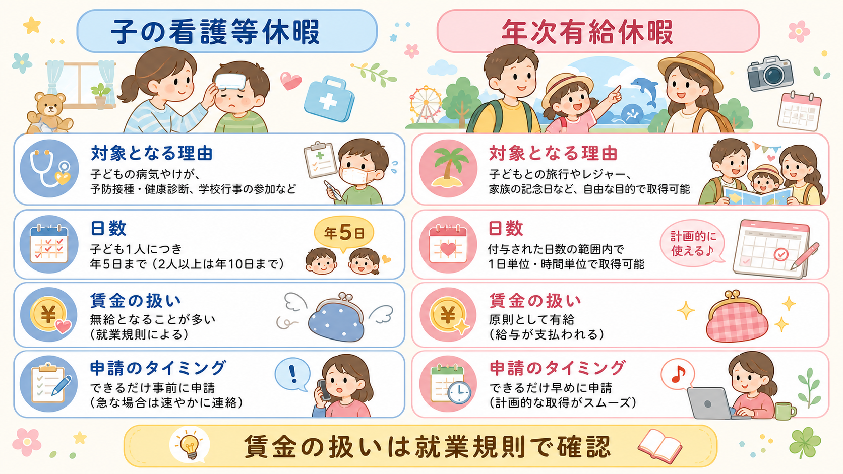 子の看護等休暇と年次有給休暇の使い分けを左右2列で対比した比較表の図解。各列に「対象となる理由」「日数」「賃金の扱い」「申請のタイミング」の4行ラベル。下部に「...