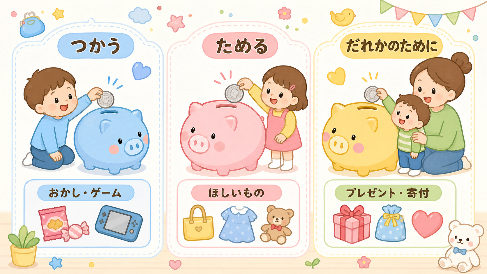 おこづかいの振り分けを3つの貯金箱イラストで示した図解。「つかう」「ためる」「だれかのために」のラベル付き貯金箱を横に並べ、それぞれの用途例(おかし・ゲーム/ほ...
