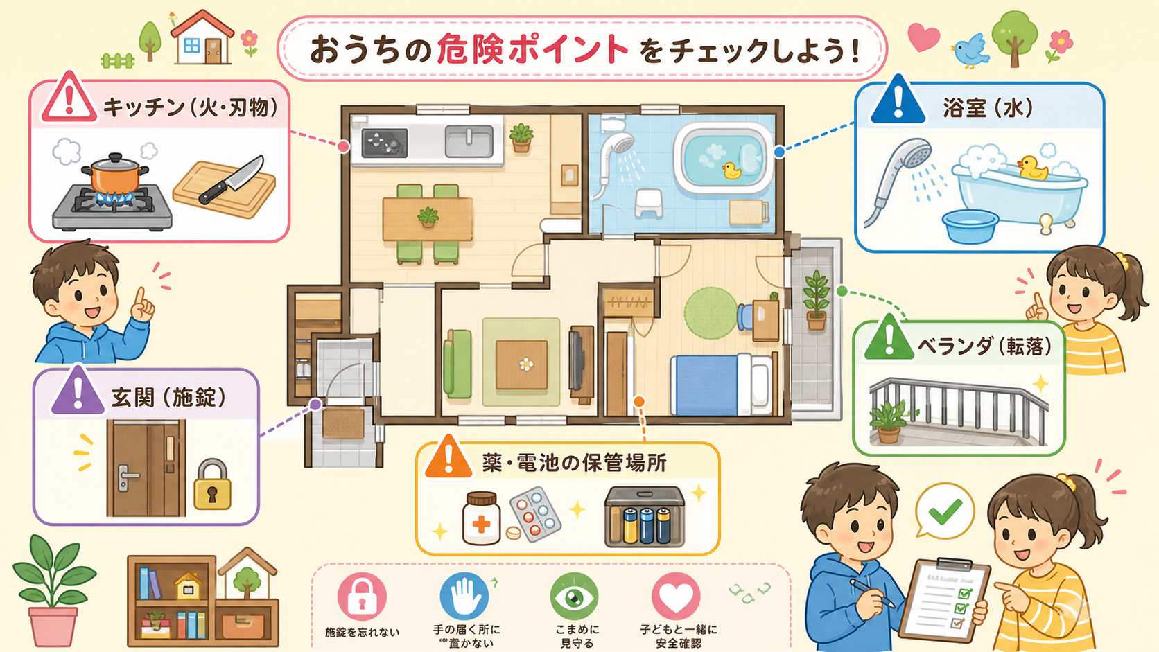 家の間取り図の上に危険ポイントを示した図解。「キッチン（火・刃物）」「浴室（水）」「ベランダ（転落）」「玄関（施錠）」「薬・電池の保管場所」の5つの吹き出しラベ...