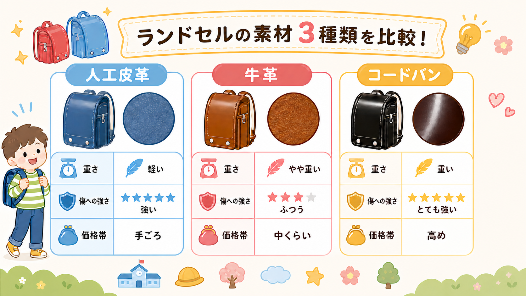 ランドセルの素材3種類を横並びカードで比較した図解。左から「人工皮革」「牛革」「コードバン」のカードを置き、各カードに「重さ」「傷への強さ」「価格帯」の行ラベル...