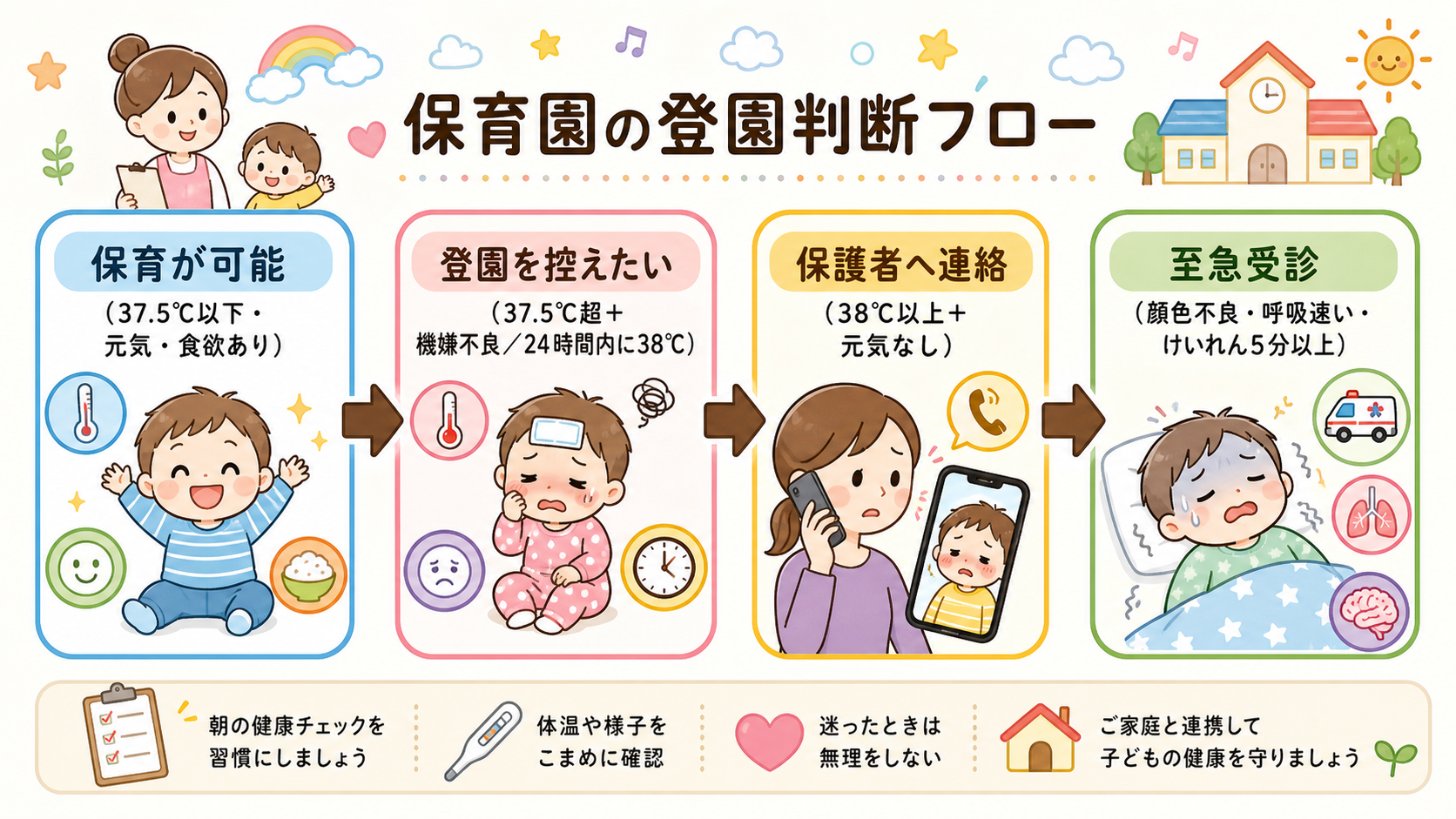 保育園の登園判断を4段階に分けたフロー図解。左から「保育が可能（37.5℃以下・元気・食欲あり）」→「登園を控えたい（37.5℃超＋機嫌不良／24時間内に38℃...