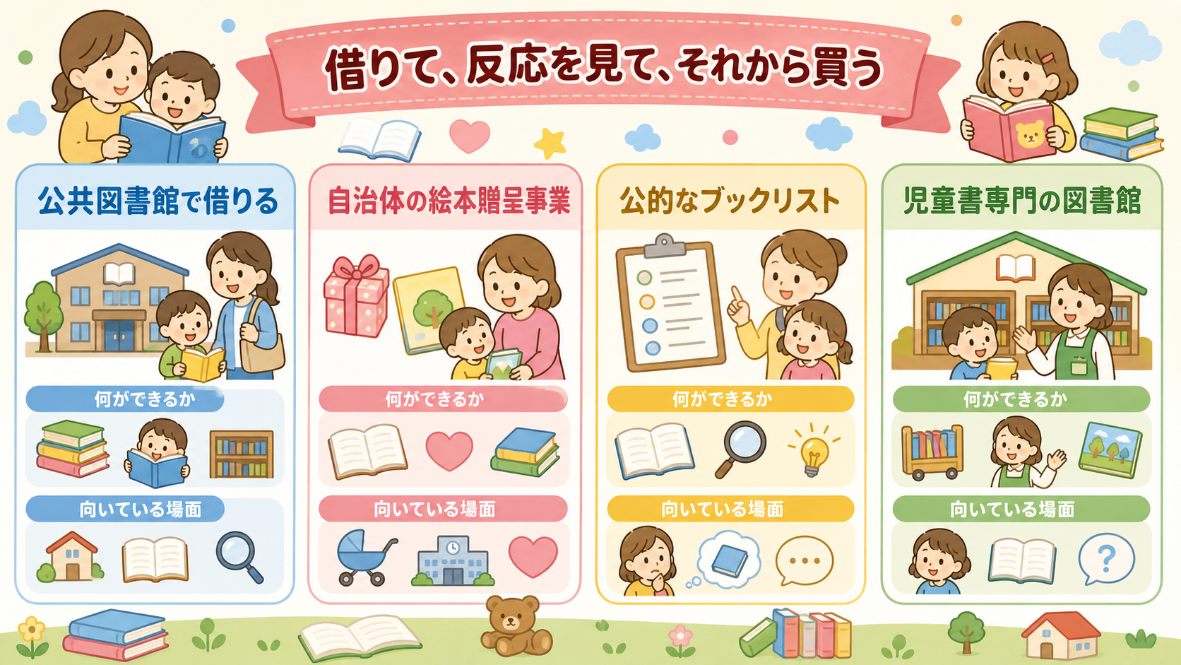絵本を探す4つの場所を比較したカード型図解。「公共図書館で借りる」「自治体の絵本贈呈事業」「公的なブックリスト」「児童書専門の図書館」の4カード、各カードに「何...