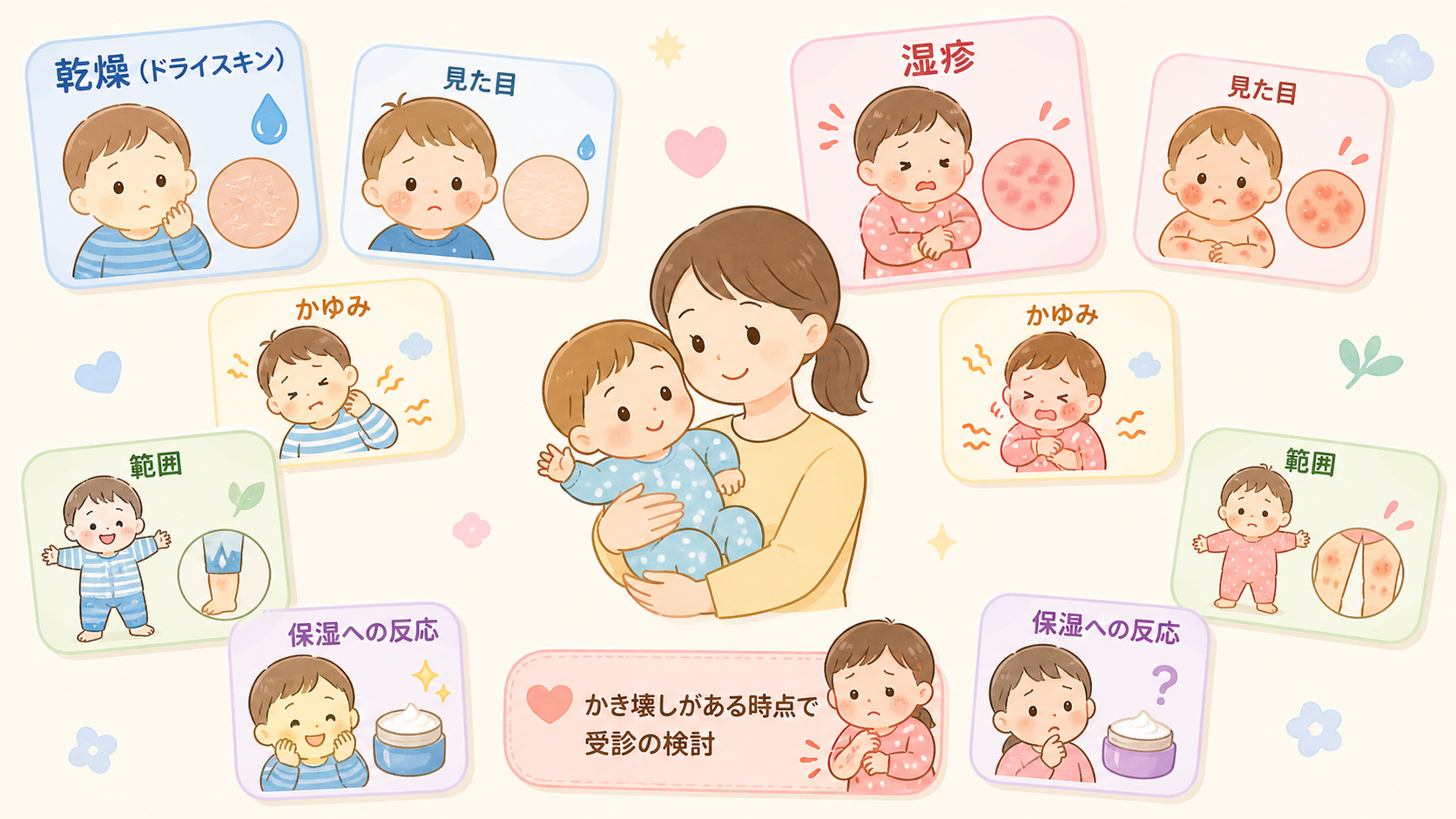 単なる乾燥と湿疹を左右2列で対比した比較表の図解。左列「乾燥(ドライスキン)」右列「湿疹」。各列に「見た目」「かゆみ」「範囲」「保湿への反応」の4行ラベルと、下...