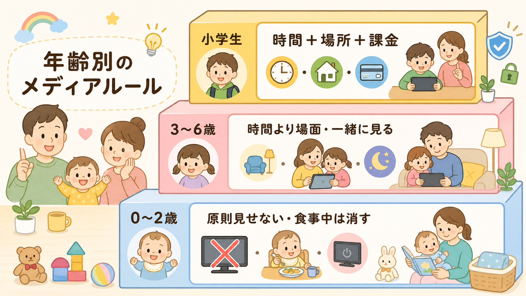 年齢別のメディアルールを3段の階段図で示した図解。下段「0〜2歳」中段「3〜6歳」上段「小学生」のラベルを置き、各段に「原則見せない・食事中は消す」「時間より場...
