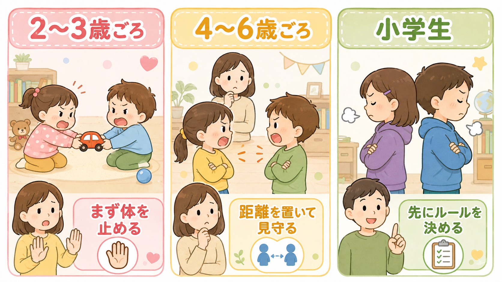 年齢別のきょうだいげんかと関わり方を示す3列パネル。左から「2〜3歳ごろ」「4〜6歳ごろ」「小学生」の見出しを置き、それぞれにおもちゃを引っぱり合う幼児、言い合...