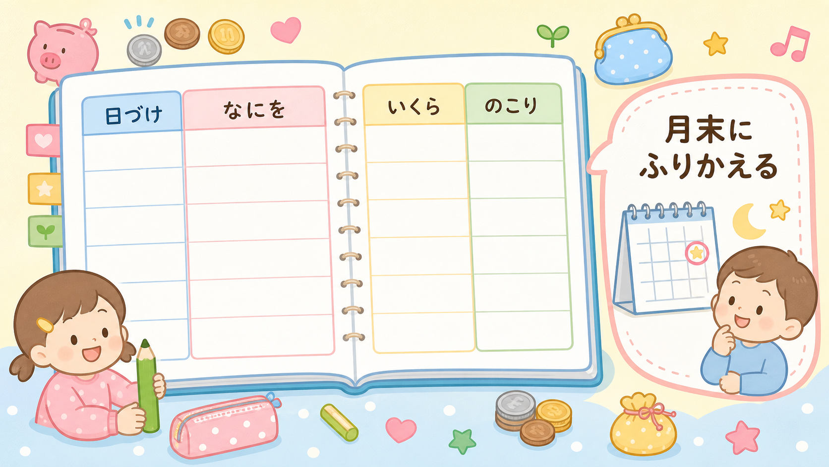 おこづかい帳の書き方をノートの見開き風に示した図解。「日づけ」「なにを」「いくら」「のこり」の4列の表を大きく描き、右側に「月末にふりかえる」の吹き出しラベルを...