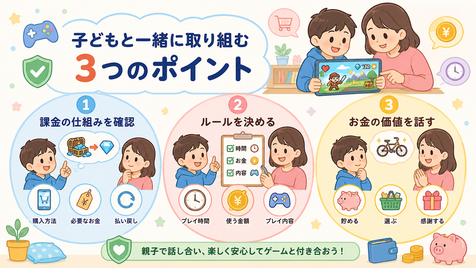子どもと一緒に取り組む3項目を3枚の丸いカードで示した図解。「課金の仕組みを確認」「ルールを決める」「お金の価値を話す」のラベルを配置し、親子がゲーム画面を一緒...