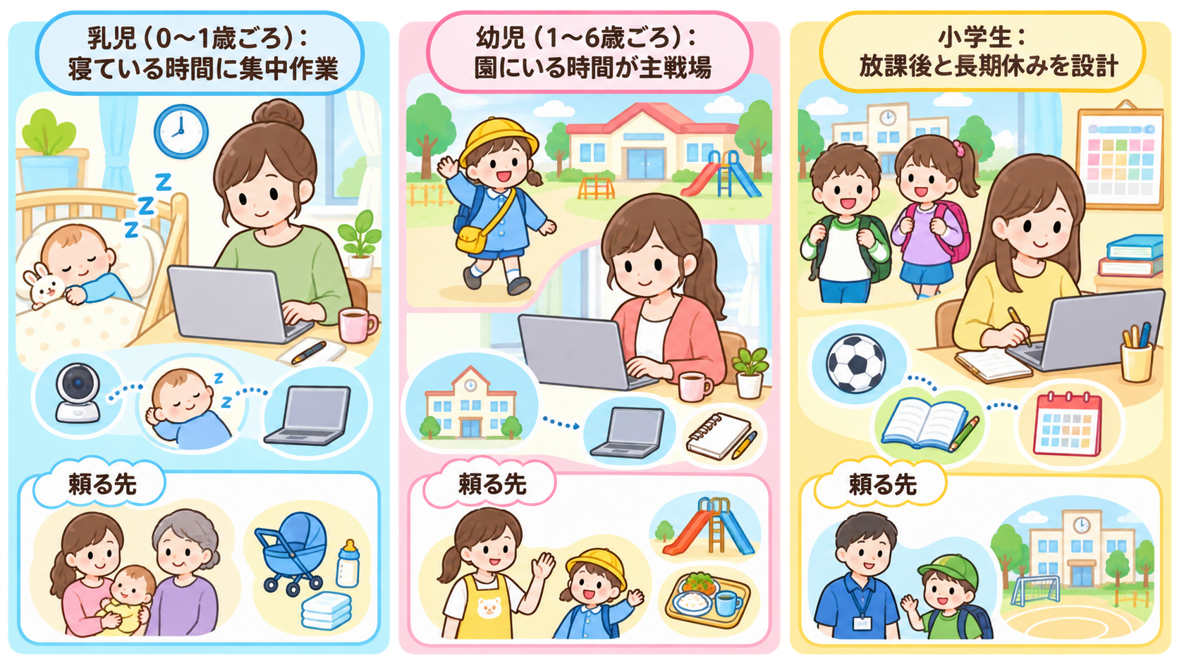 年齢別の在宅勤務×子育ての工夫カード3枚。「乳児（0〜1歳ごろ）：寝ている時間に集中作業」「幼児（1〜6歳ごろ）：園にいる時間が主戦場」「小学生：放課後と長期休...