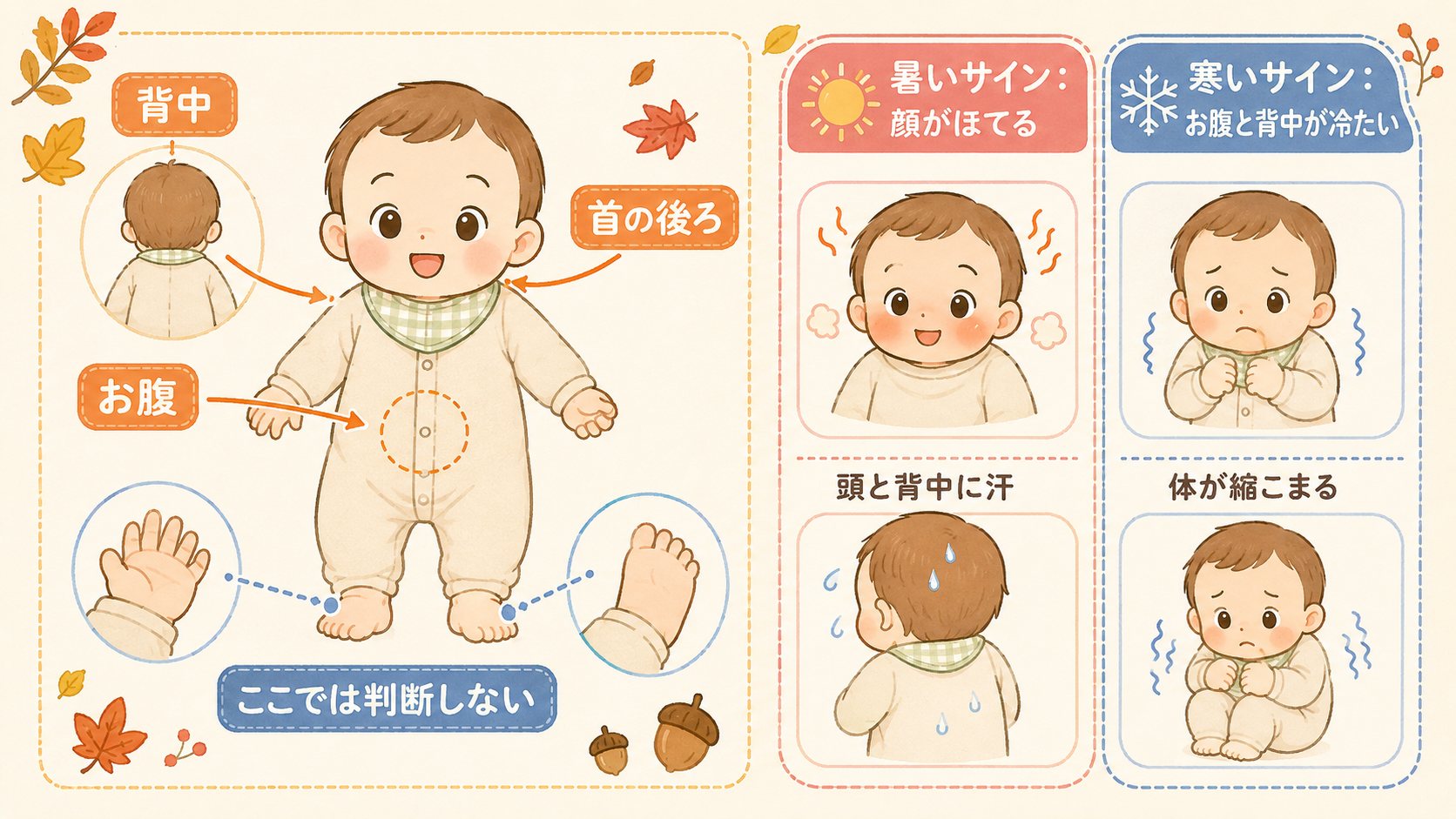 赤ちゃんの暑い・寒いを確かめる部位を示す人体図と2列比較表。人体図には「背中」「お腹」「首の後ろ」の矢印ラベルを付け、手足には「ここでは判断しない」の注記。右側...