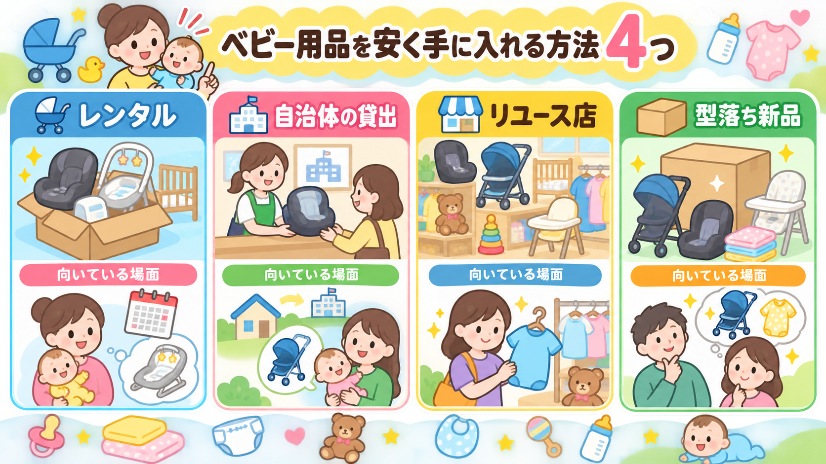 ベビー用品を安く手に入れる方法4つをカードで示した図解。「レンタル」「自治体の貸出」「リユース店」「型落ち新品」のラベルを配置し、それぞれに「向いている場面」の...