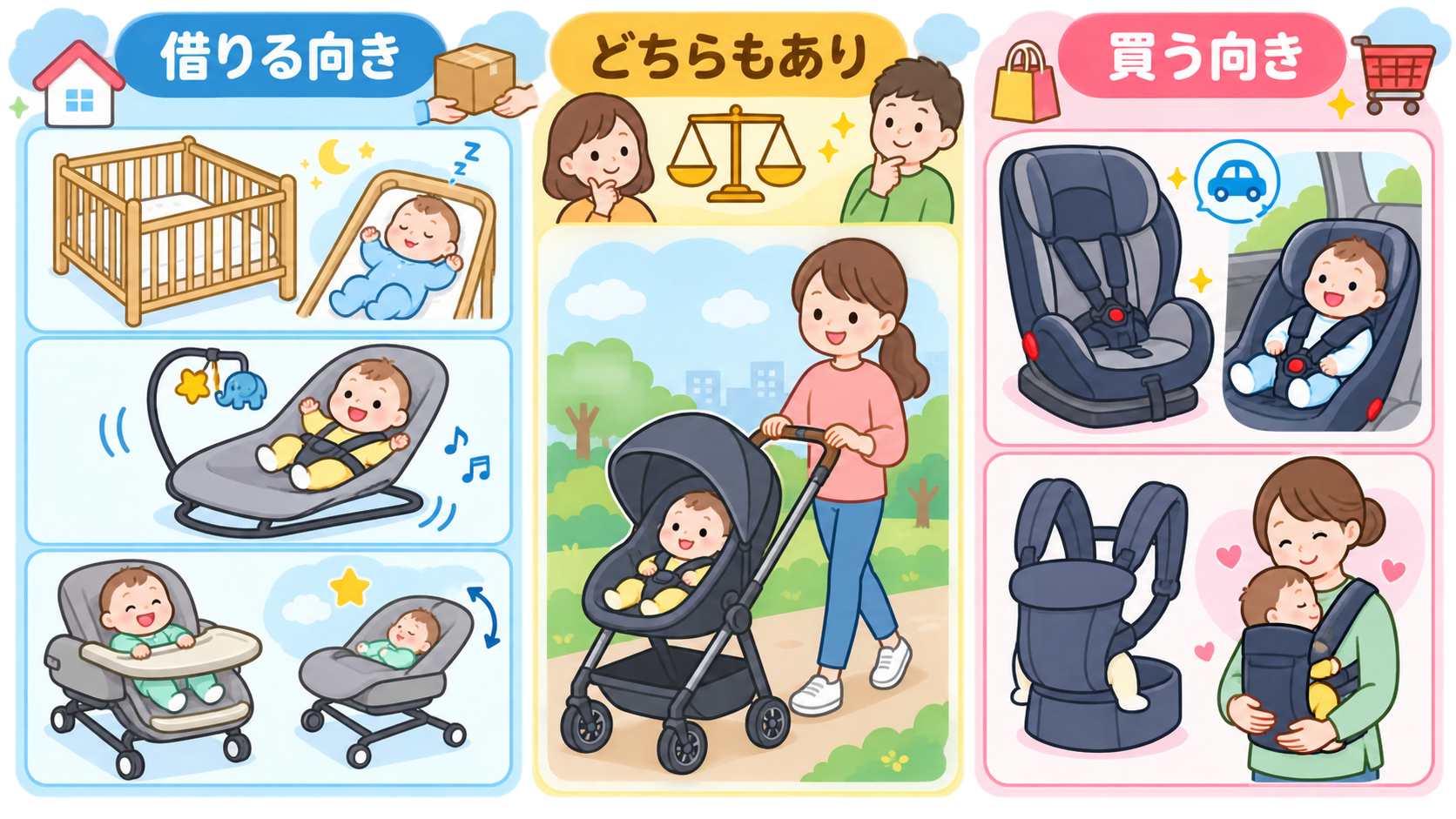 ベビー用品7品目を借りる向き・買う向きで分類した3列の表形式図解。左列「借りる向き」にベビーベッド・バウンサー・ハイローチェア、中央「どちらもあり」にベビーカー...