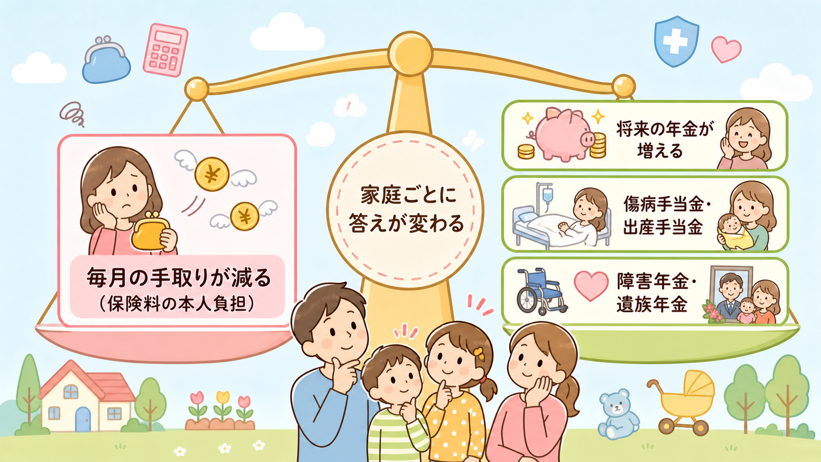 社会保険加入の両面を天秤で描いた図解。左の皿に「毎月の手取りが減る（保険料の本人負担）」、右の皿に「将来の年金が増える」「傷病手当金・出産手当金」「障害年金・遺...