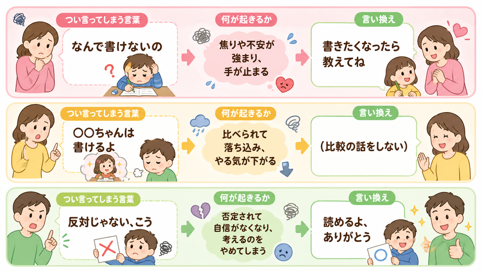 焦りが出る場面での言い換え表の図解。左列「つい言ってしまう言葉」に「なんで書けないの」「○○ちゃんは書けるよ」「反対じゃない、こう」、右列「言い換え」に「書きた...