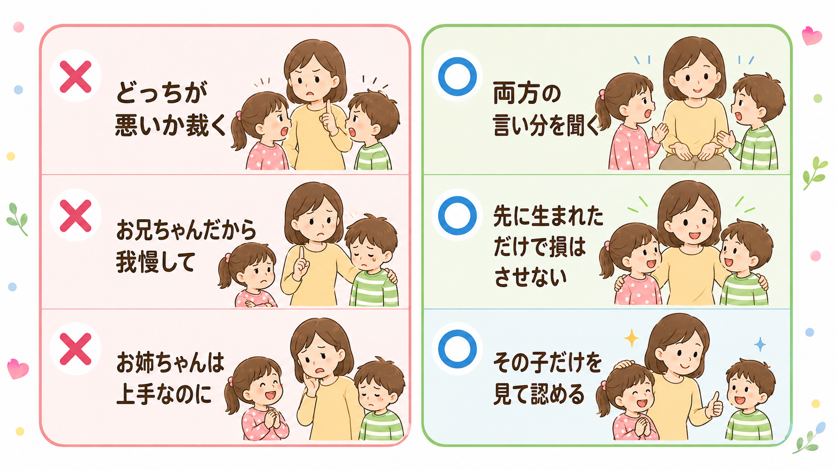 逆効果になりやすい仲裁と言い換えの左右対比表。左列に×印付きで「どっちが悪いか裁く」「お兄ちゃんだから我慢して」「お姉ちゃんは上手なのに」、右列に○印付きで「両...