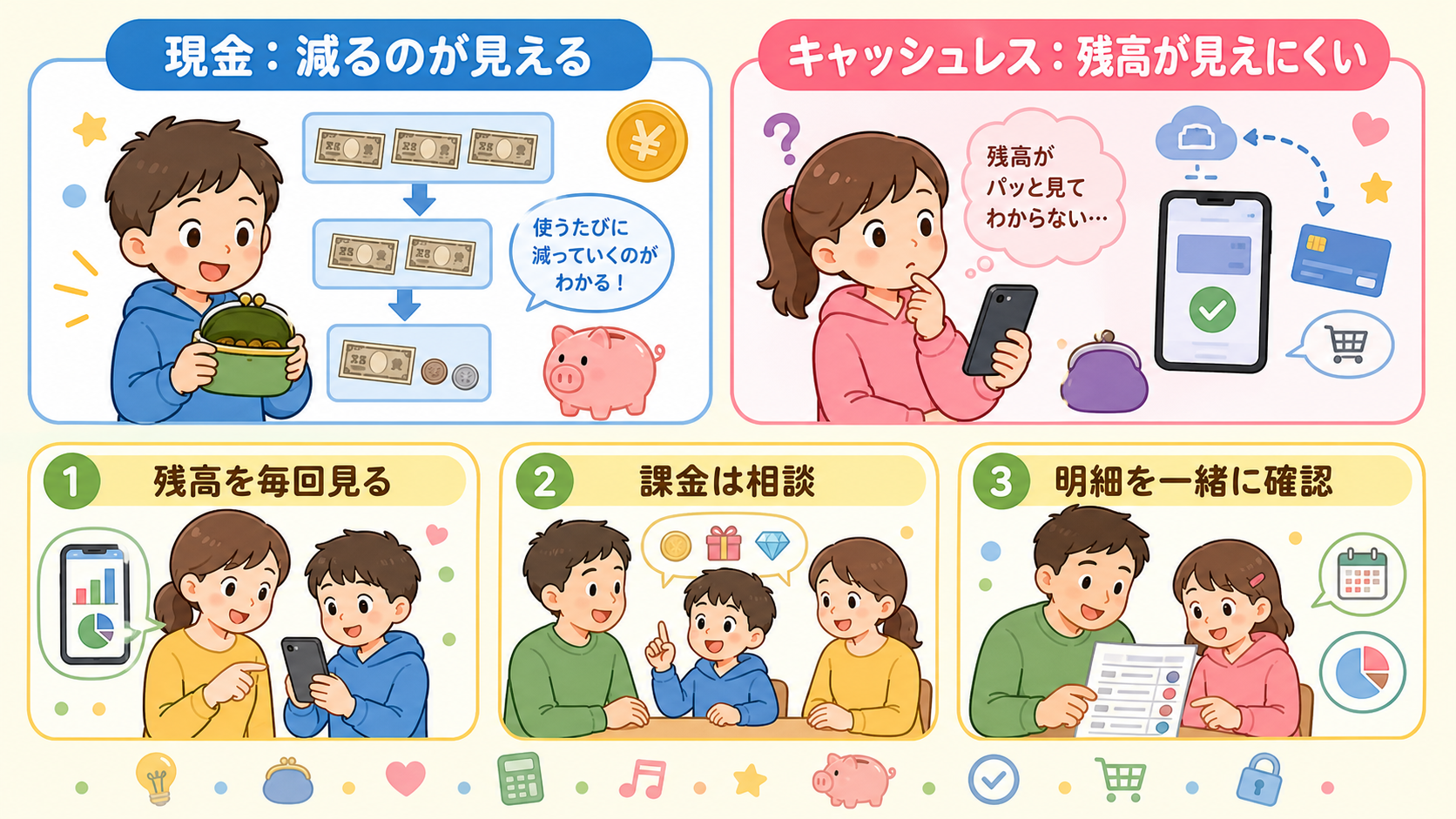 現金とキャッシュレスの違いを左右2列で比較した図解。左「現金:減るのが見える」右「キャッシュレス:残高が見えにくい」の見出しバナーを置き、下に「残高を毎回見る」...