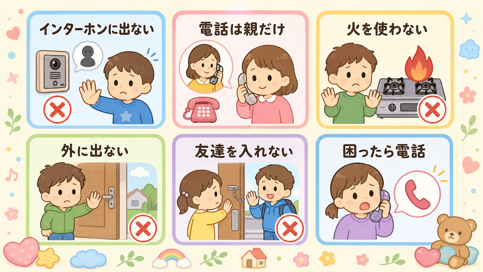 留守番のルールを6枚のカードで示した図解。「インターホンに出ない」「電話は親だけ」「火を使わない」「外に出ない」「友達を入れない」「困ったら電話」のラベルを付け...