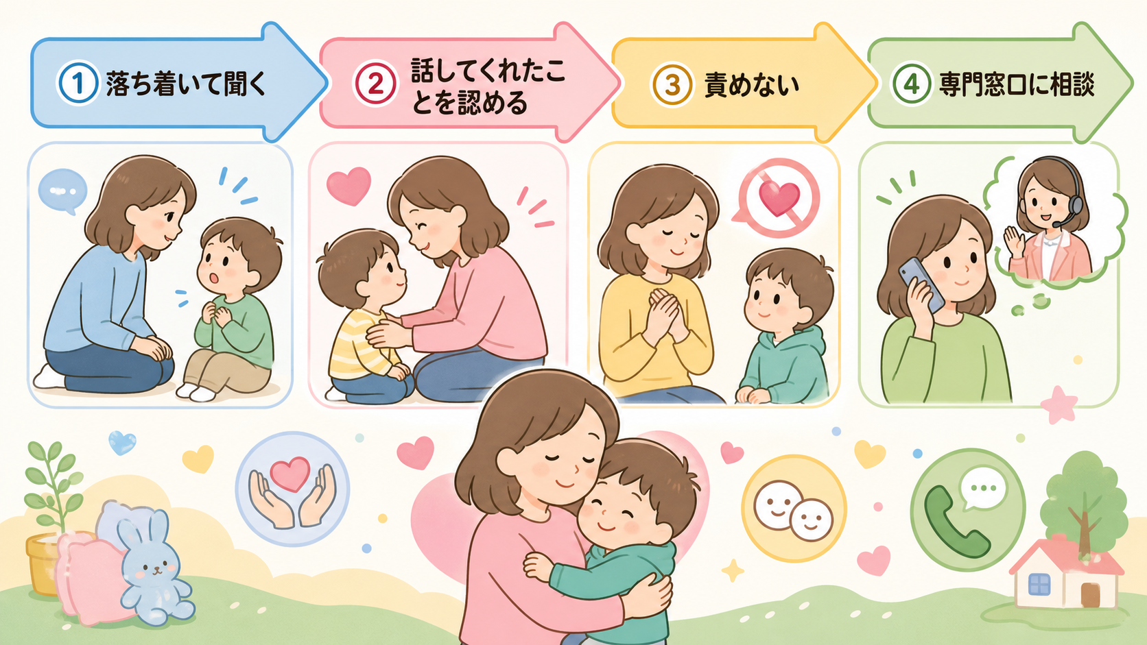 子どもから相談されたときの対応を4ステップの矢印フローで示した図解。「①落ち着いて聞く」「②話してくれたことを認める」「③責めない」「④専門窓口に相談」のラベル...