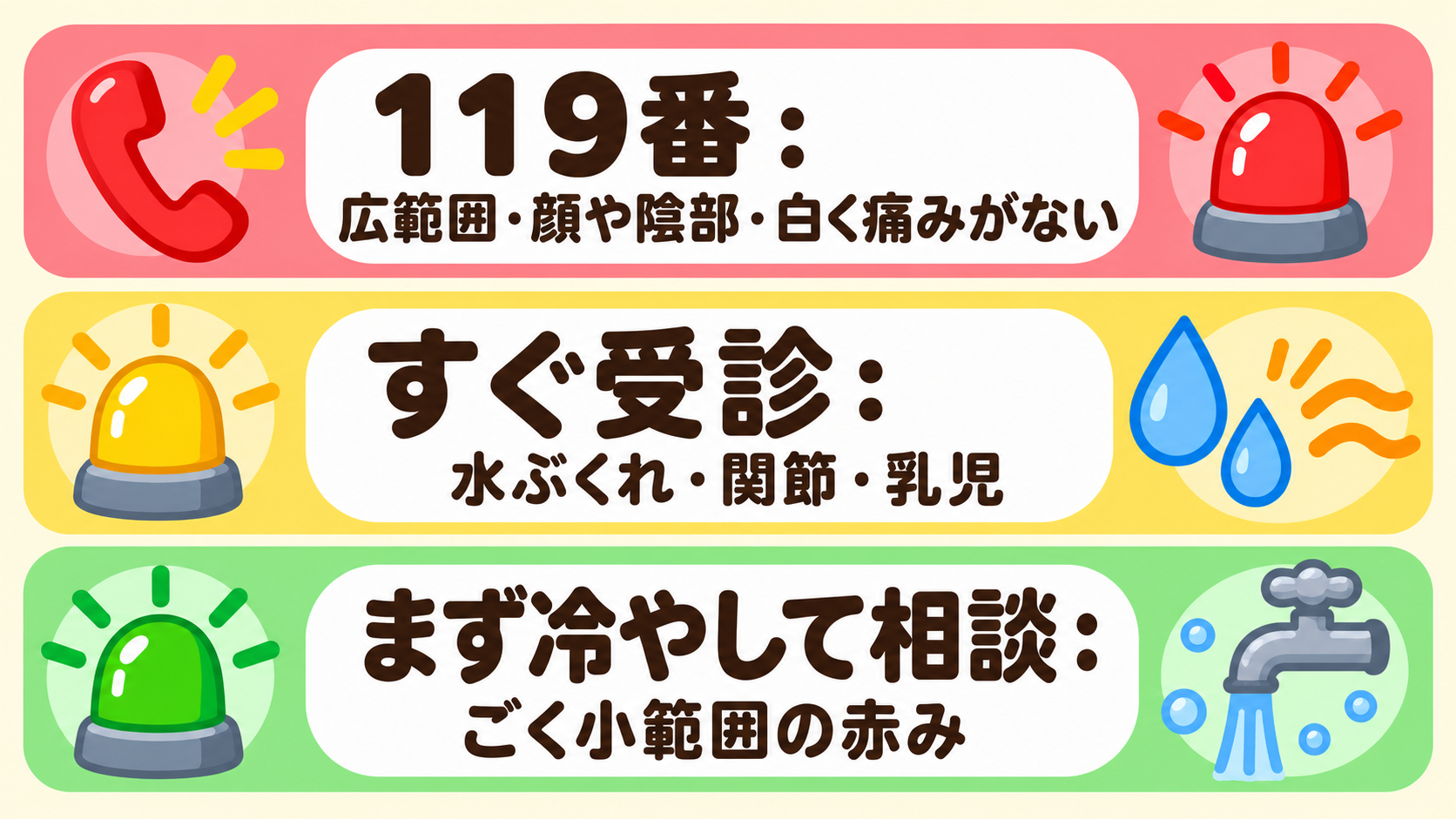 やけどの受診判断を3段階の信号機型で示した図解。赤「119番：広範囲・顔や陰部・白く痛みがない」黄「すぐ受診：水ぶくれ・関節・乳児」緑「まず冷やして相談：ごく小...