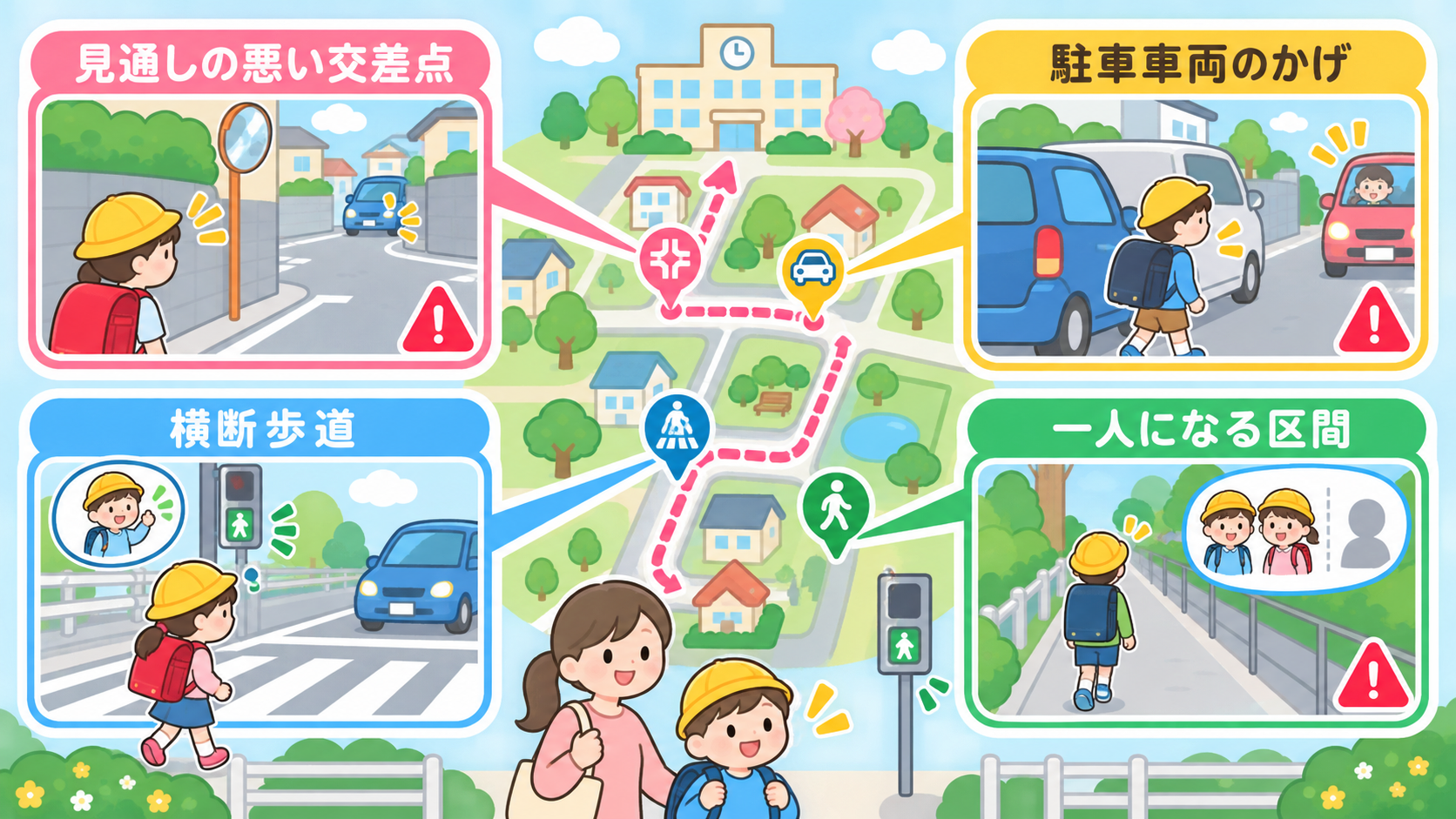 通学路の危険ポイントを地図風に示した図解。道路の絵の上に「見通しの悪い交差点」「駐車車両のかげ」「横断歩道」「一人になる区間」の4つの吹き出しラベルを配置し、ラ...